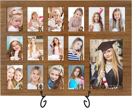 FramePro School Years Picture Frame Pre K to 12 Wooden Graduation Gift Collage Frame with Stand Easel, Displays One 4x6 and Twelve 2x3 Wallet Photos