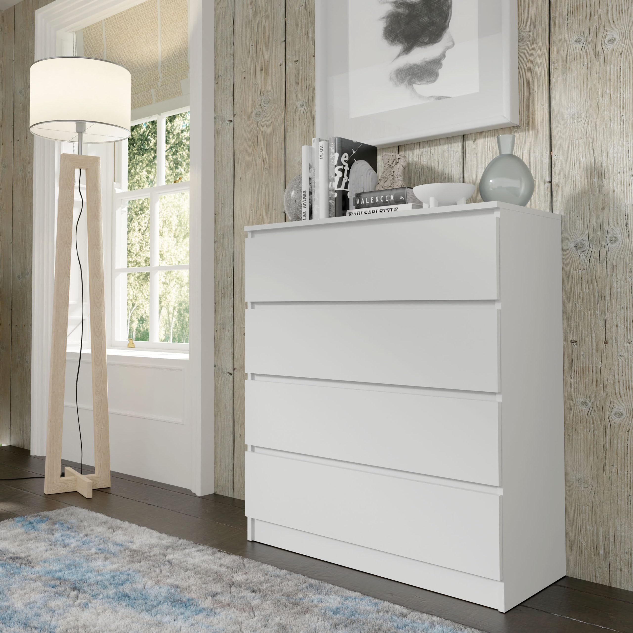 Homlando Cassettiera senza maniglie, cassettiera con 4 cassetti, stabile soggiorno, camera da letto o ufficio, Maia, 40 x 90 x 104 cm, bianco opaco