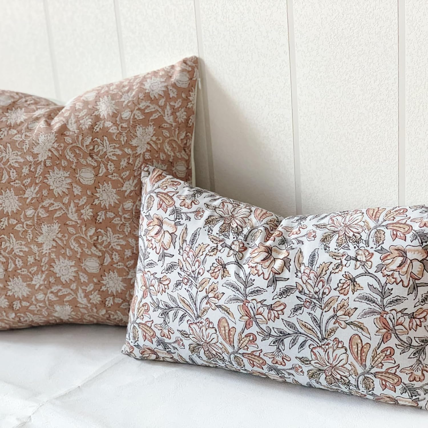 Floral Lumbar Pillow Covers 12x20 Vintage Block Print Pillow Covers Farmhouse Decorative Couch Pillows for Sofa, Living Room, Neutral Botanical Accent Cushion Cover(2, Rust Tan Mustard, 12x20)