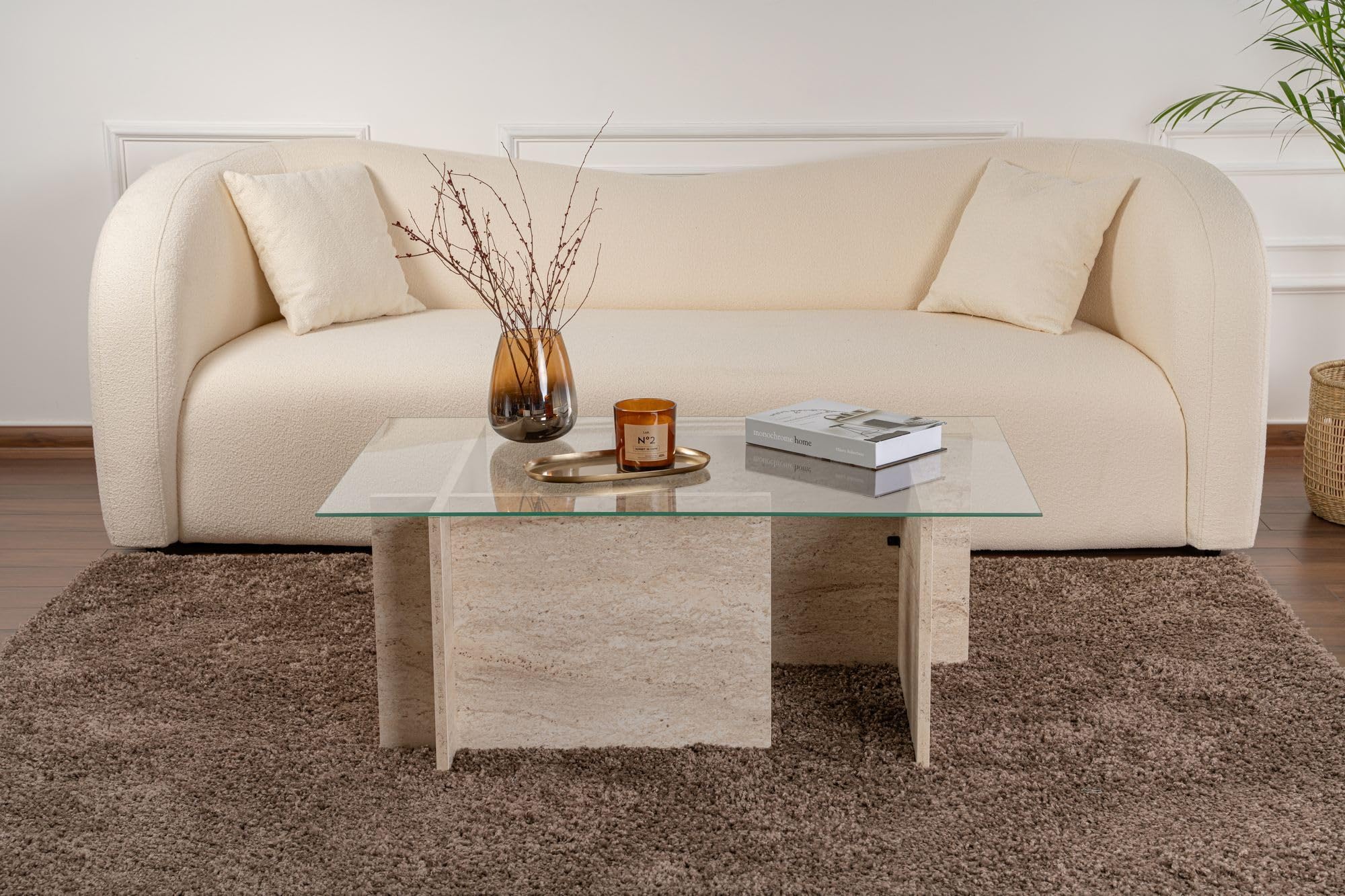 Hanah Home Elegante Mesa de café, Color travertino, 105 x 65 x 40 cm, 100% Vidrio Templado y melamina, Tablero de partículas Recubierto de melamina, 18 mm de Grosor, diseño de mármol Elegante para
