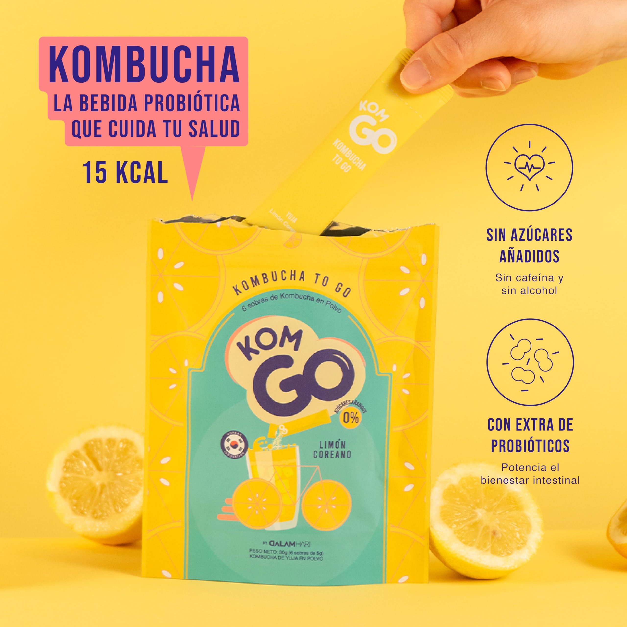 KOMGO Kombucha en Polvo Bebida Instantánea con Probióticos y Antioxidantes 15 Kcal Limón Coreano