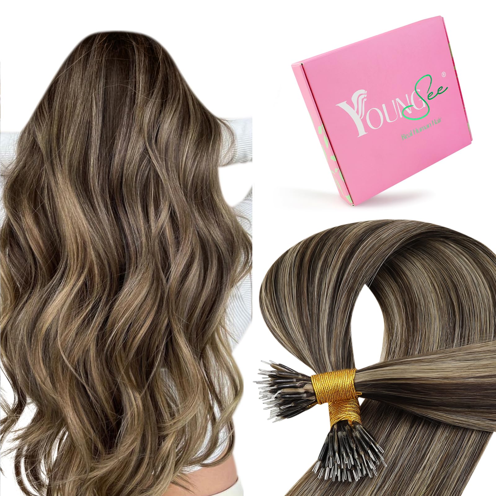 YoungSee Nano Beads Hair Extensions Blonde 14inch Nano Hair Extensions Warm Ash Blonde Highlights Bleach Blonde Nano Ring Hair Extension Highlight for Women Cold Fusion 50g Short Straight 50s — view 25