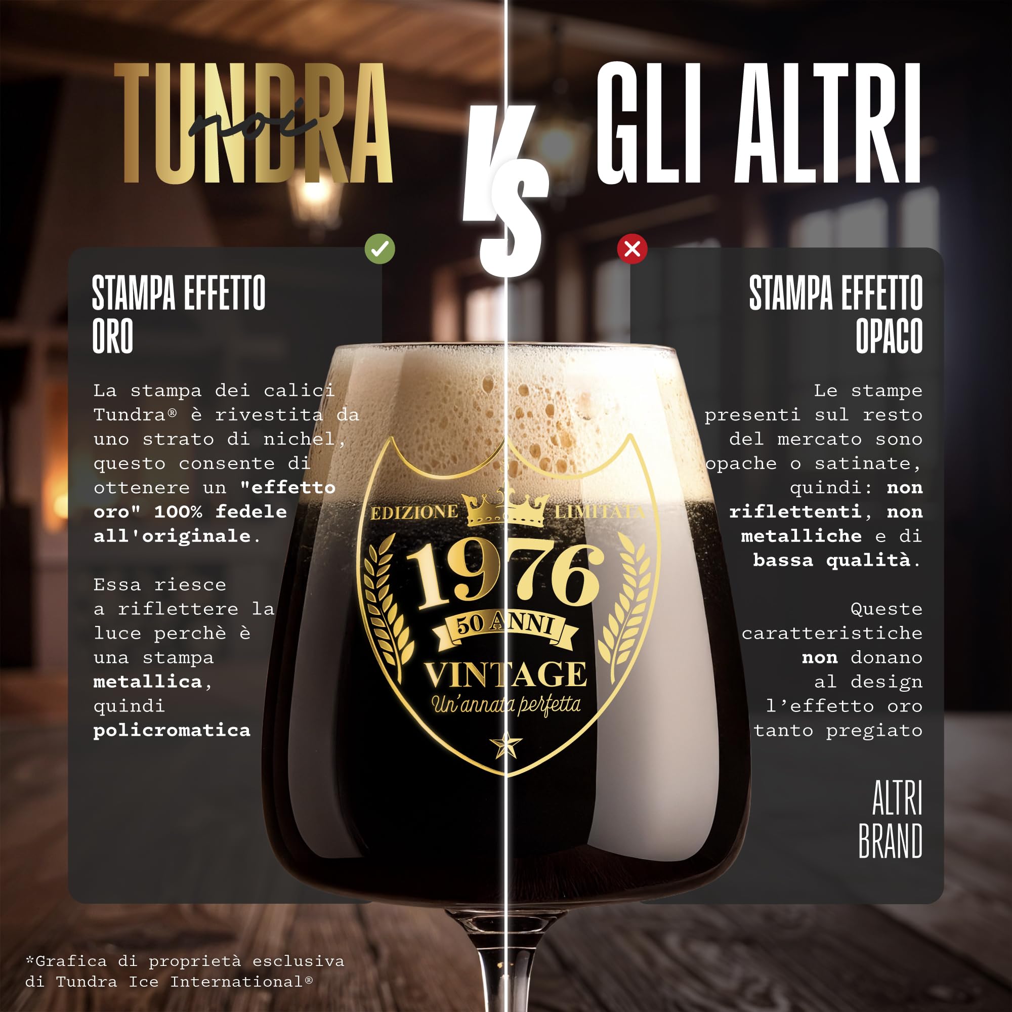 TUNDRA - Calice Personalizzato per Regalo 50 Anni Compleanno Uomo | 1976 | Calice in CRISTALLINO da 450 ML con stampa EFFETTO ORO di Altissima Qualità - Idee Regalo Uomo Compleanno Originali (50 Anni)