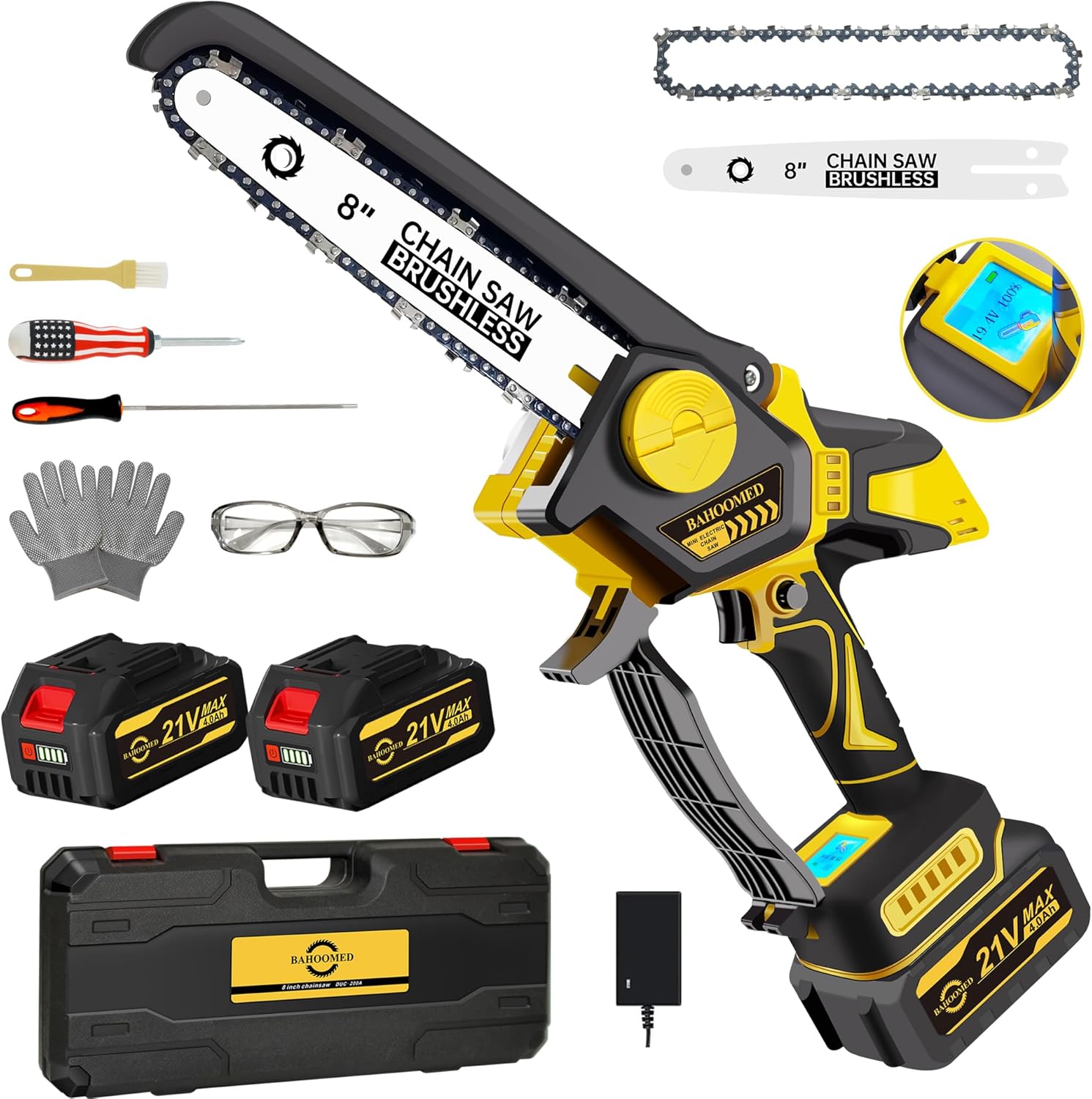 8" Mini Chainsaw Cordless - Upgraded Handheld Electric Chainsaw with 2 Pack 21V 4Ah Batteries and Charger Included, Chainsaws with Automatic Oiling System and Chain Tension Adjustment Knob
