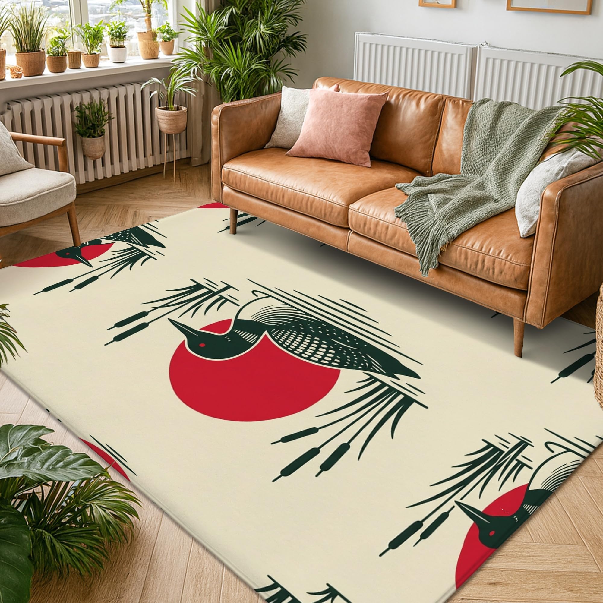 Loon - Alfombra rústica natural con diseño de cola de gato para sol, verano, color rojo, de pelo bajo, esponjosa, suave, rectangular, resistente a las manchas, para sala de estar, dormitorio, aula