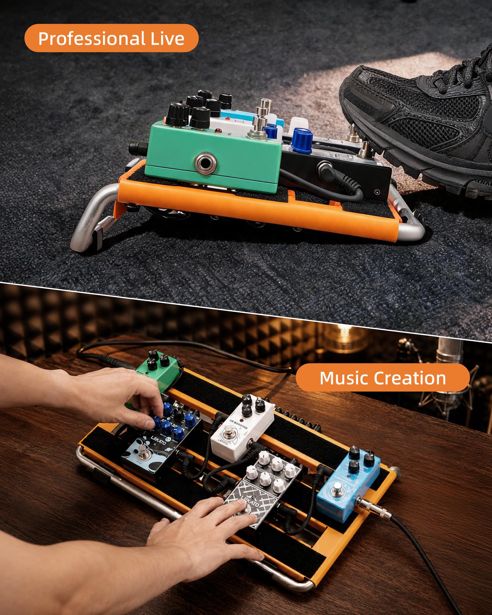 LEKATO Pedalboard Gitarre mit integriertem Netzteil, Aluminiumlegierung Effektboard 45 x 30 x 9cm, Pedalboard Set mit Tasche, Pedalkabeln und Klettstreifen