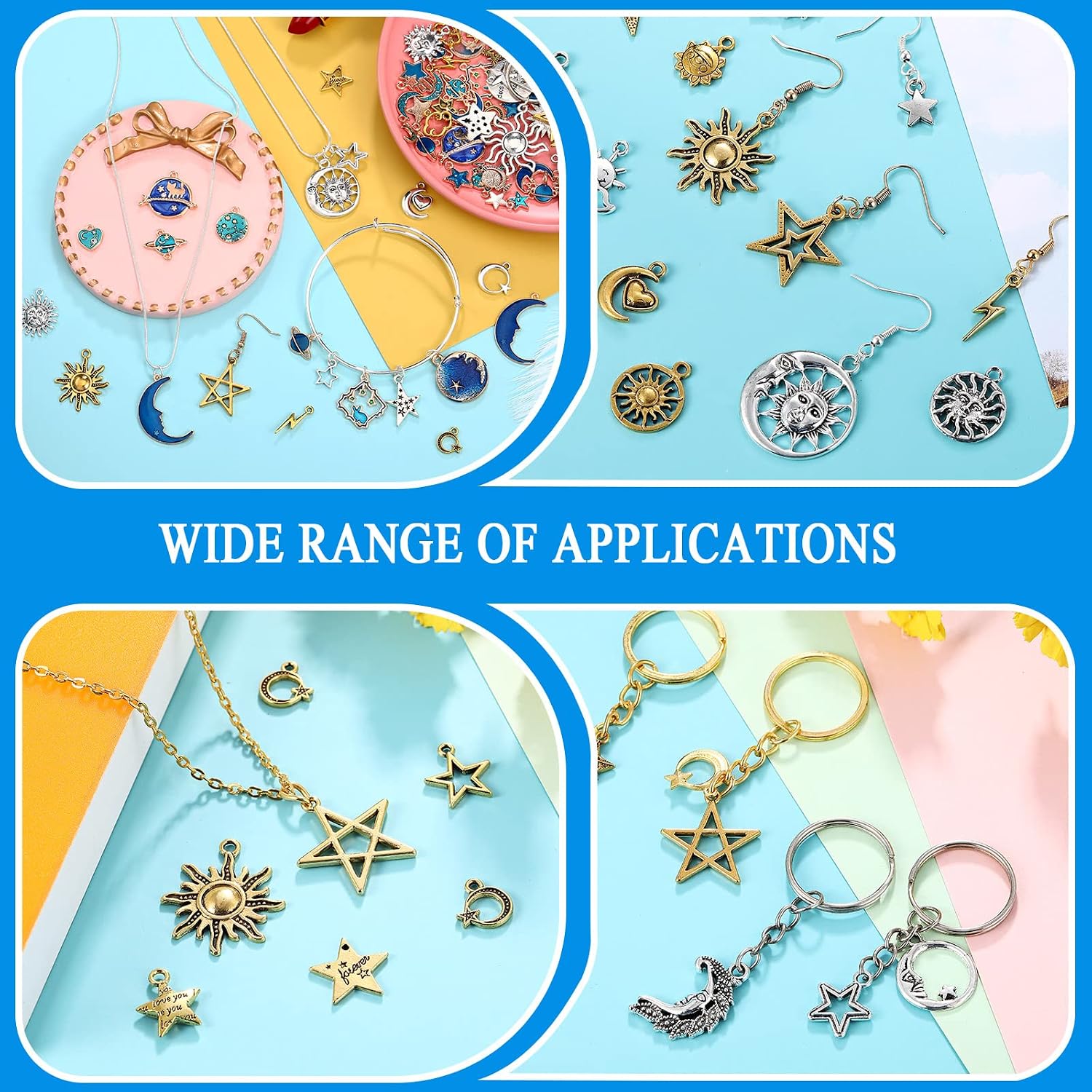 Hicarer 160 Pcs Bracelet Charms, Mixed Antique Sun Star Moon Charm Pendant Plated Enamel Celestial Charm for Jewelry Making