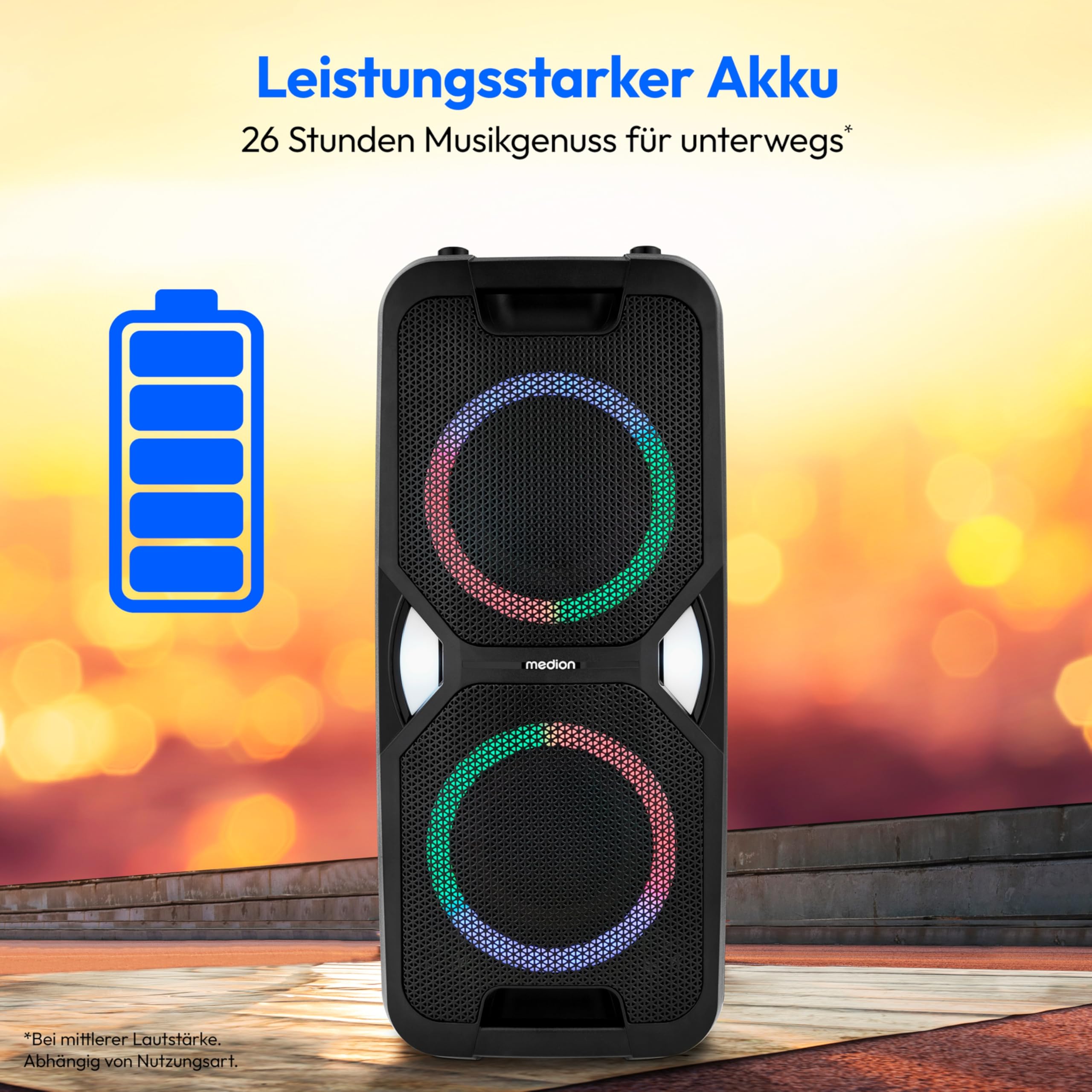MEDION PE-1 Pure Partybox (Akku, mit Mikrofon, tragbarer Bluetooth Lautsprecher groß, Musikbox, Verschiedene Lichteffekte, Partylautsprecher mit Karaoke, 2 x Mikrofonanschluss, AUX, USB, Radio)