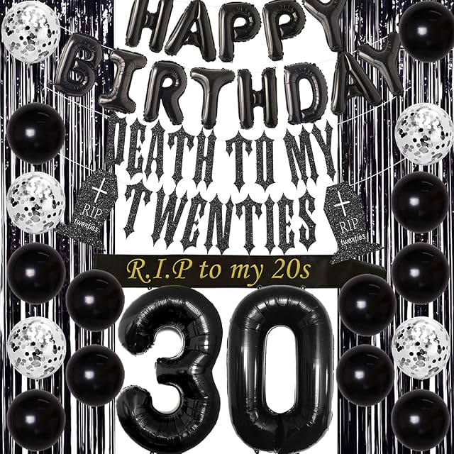 30th Birthday Decorations for Him Her Black Death to My Twenties Banner, Rip to My 20s Sash, Number 30 Balloon, Happy Birthday Balloon Banner, Foil Curtain for Funny Thirtieth Birthday Party Supplies