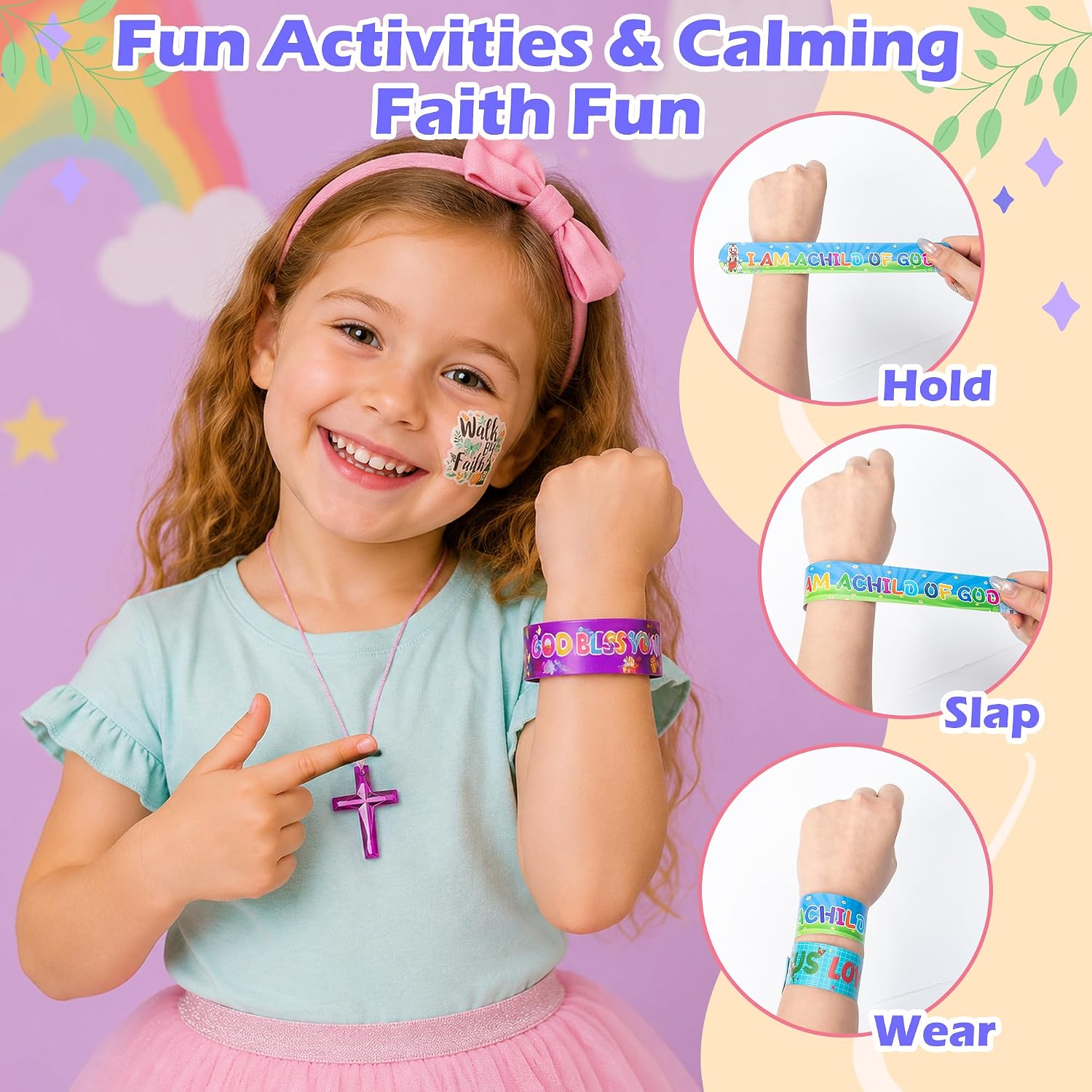 CY2SIDE Christian Party Favors for Kids - 12 Set Christian Bible Verse Squeeze Toy Party Gifts with Cross Necklace Sticker Slap Bracelet Pen Goodie Bag Stuffers for VBS Sunday School Classroom Rewards