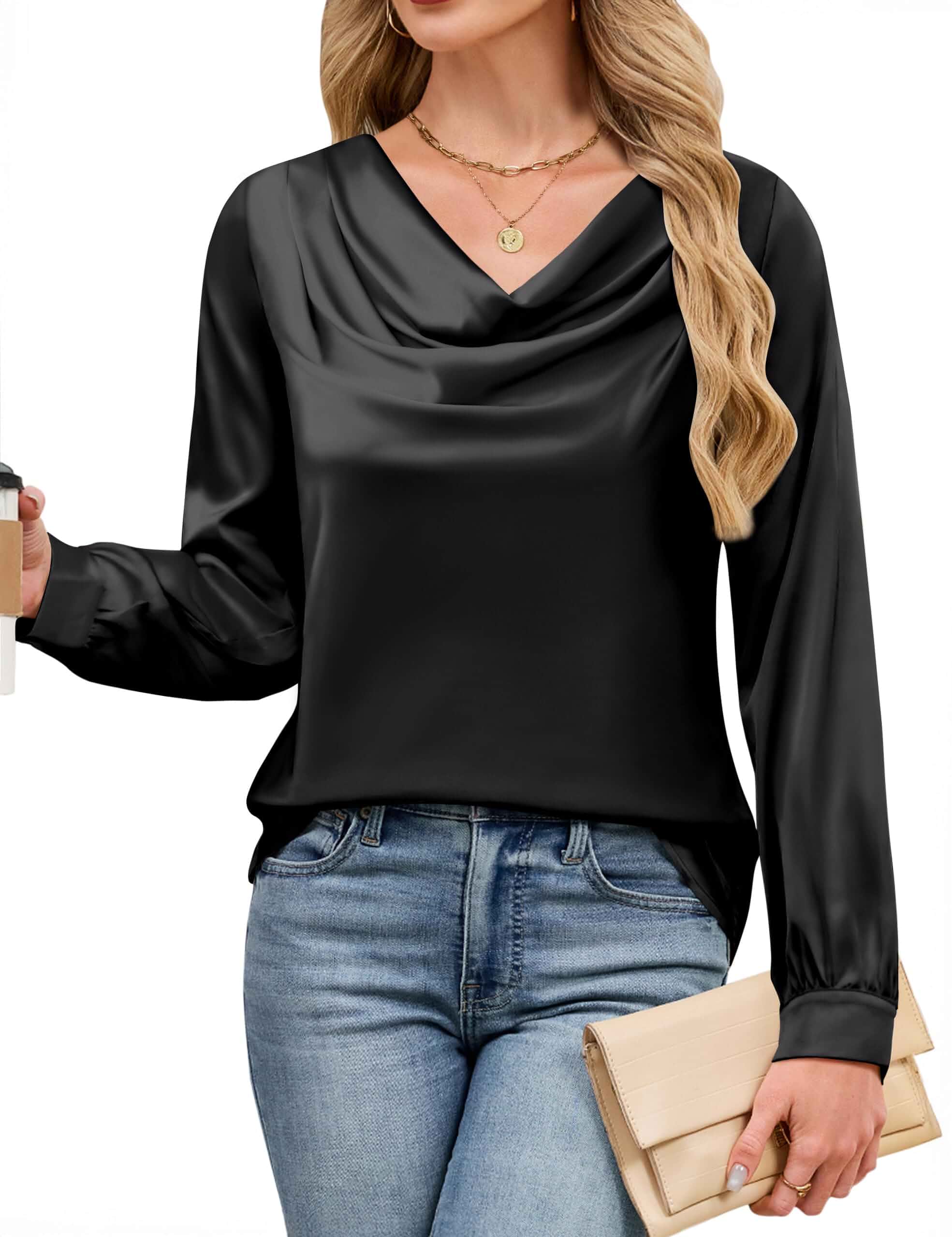 Blooming Jelly Womens Satin Blouse Cowl Neck Draped Long Sleeve Dressy Tops Silky Feel Fabric, Lightweight, Soft, Fluid Drape, Button Cuffs, Fall Business Casual Outfit, Elegant Professional Work Shirt