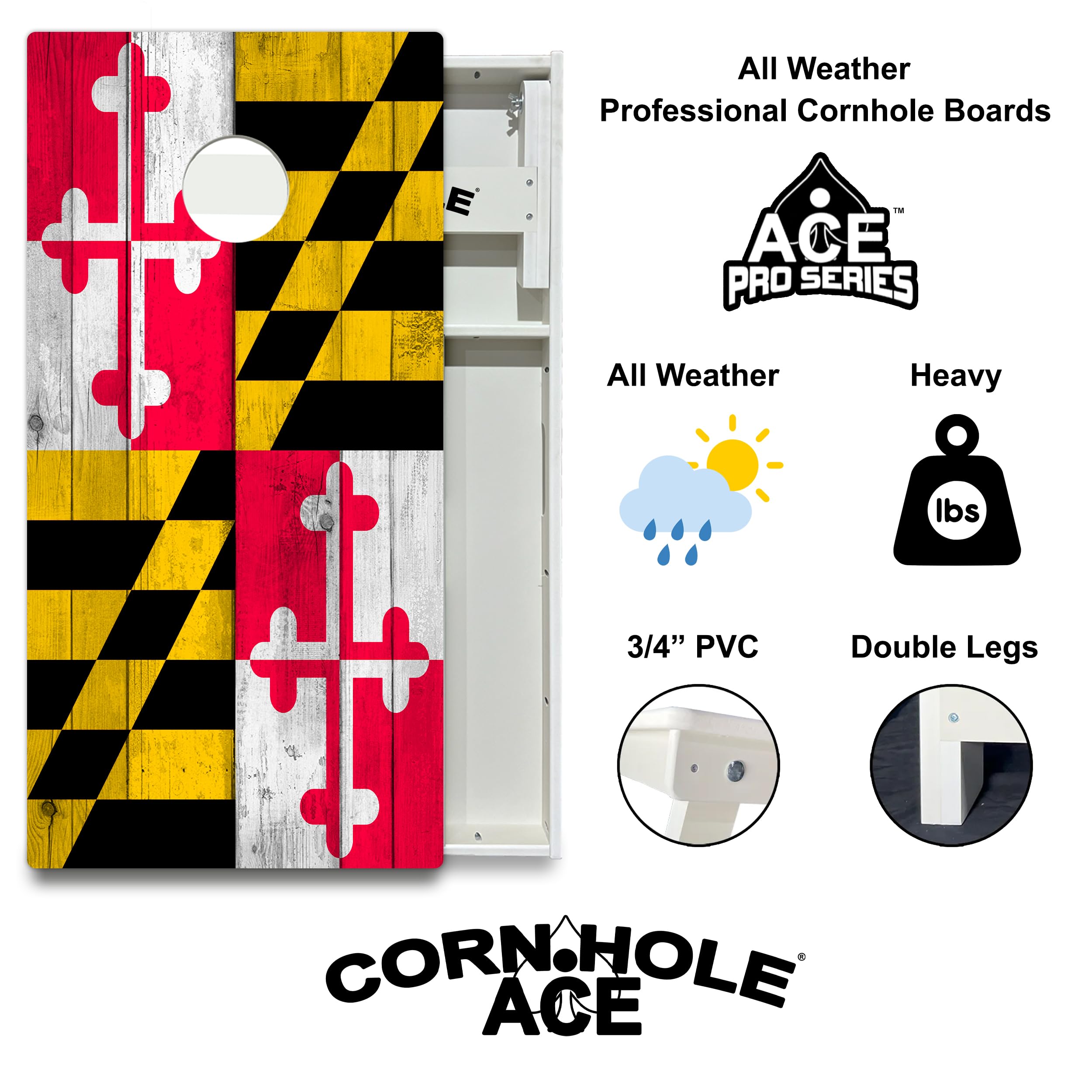 CornholeAce Maryland State Flag All Weather Pro Cornhole Board Set - Waterproof 4x2 Regulation Size, Made in USA, Triple Wide Legs, 3/4