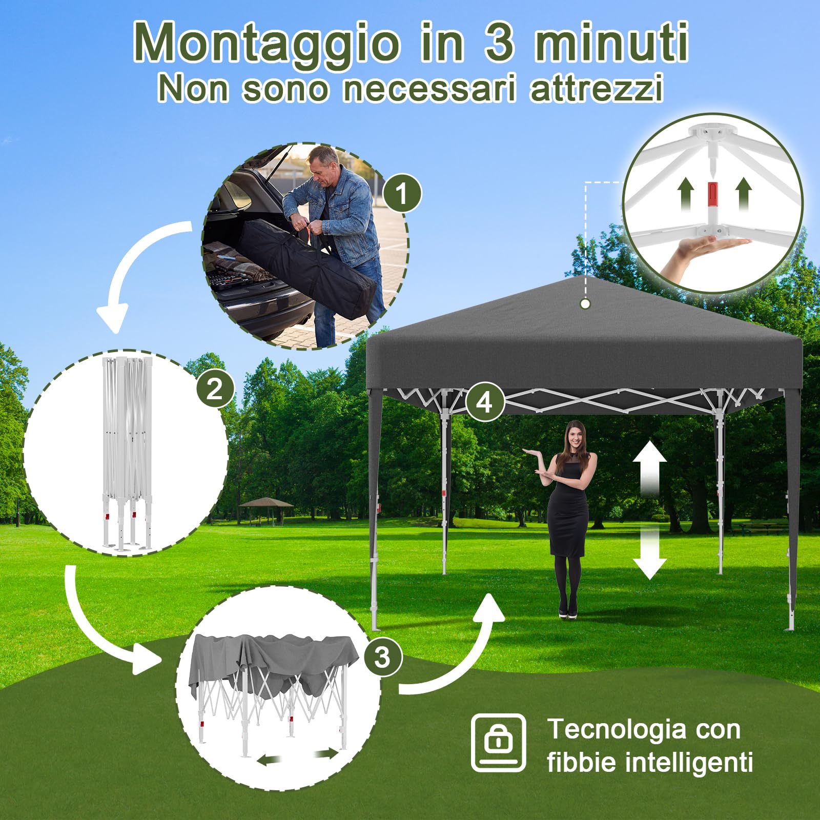 Devoko Gazebo Pieghevole 3x3 Impermeabile Stabile Invernale con Finestra a Rete Aerata, Protezione UV 50+, Tenda da Giardino Campeggio Grigio