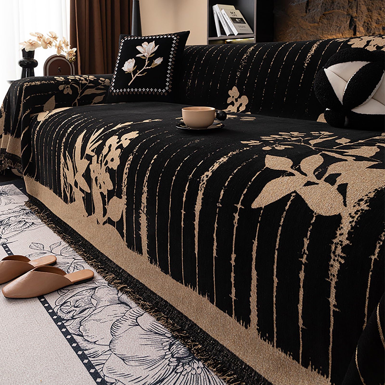 Housse de canapé rétro en chenille douce à pompons décoratifs