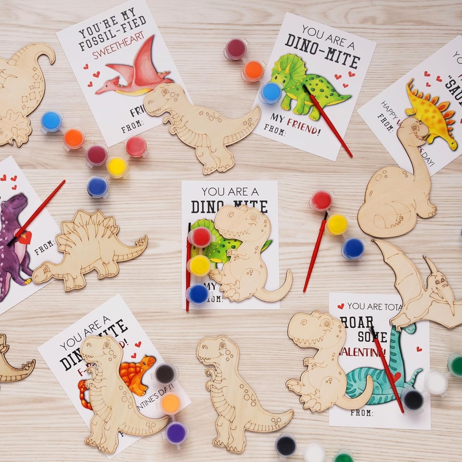 Valentines Day Gifts for Kids - 28 PCS Valentines Cards School with Art Supplies - Dinosaur Wood Painting Craft Kits - for Classroom Kids Boys Girls Gifts Exchanges - Valentines Party Favors