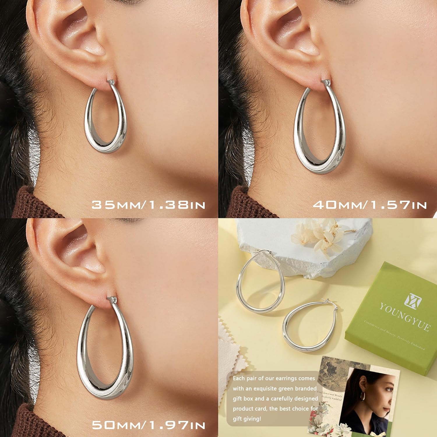 YOUNGYUE Gold Hoop Earrings for Women Hypoallergenic 14K Gold Plated Chunky Hoops Earrings Lightweight Oval Hoop Earring for Women 35/40/50mm - Image 5