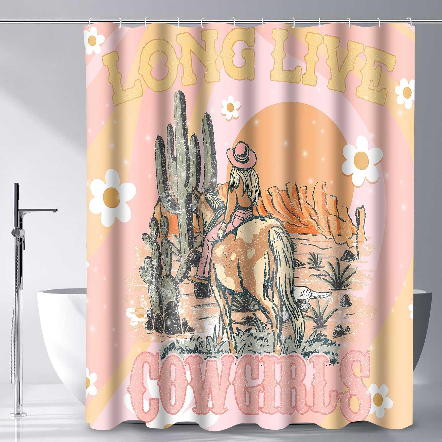 Western Cowgirl Long Live Shower Curtain Country Sun Desert Cactus Botanical Bath Curtain 72x84 Inch Fabric Cool Cowgirl Riding Horse Trendy Bathroom Bathtub Decor Set with 12 Hooks YLOKPA1222