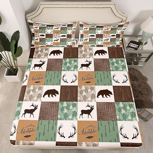 Juego de ropa de cama rústica de retazos, sábana bajera ajustable con diseño de oso y alce, para niños, adolescentes y adultos, sábana bajera Juego de ropa de cama rústica de retazos, sábana bajera ajustable con diseño de oso y alce, para niños, adolescentes y adultos, sábana bajera