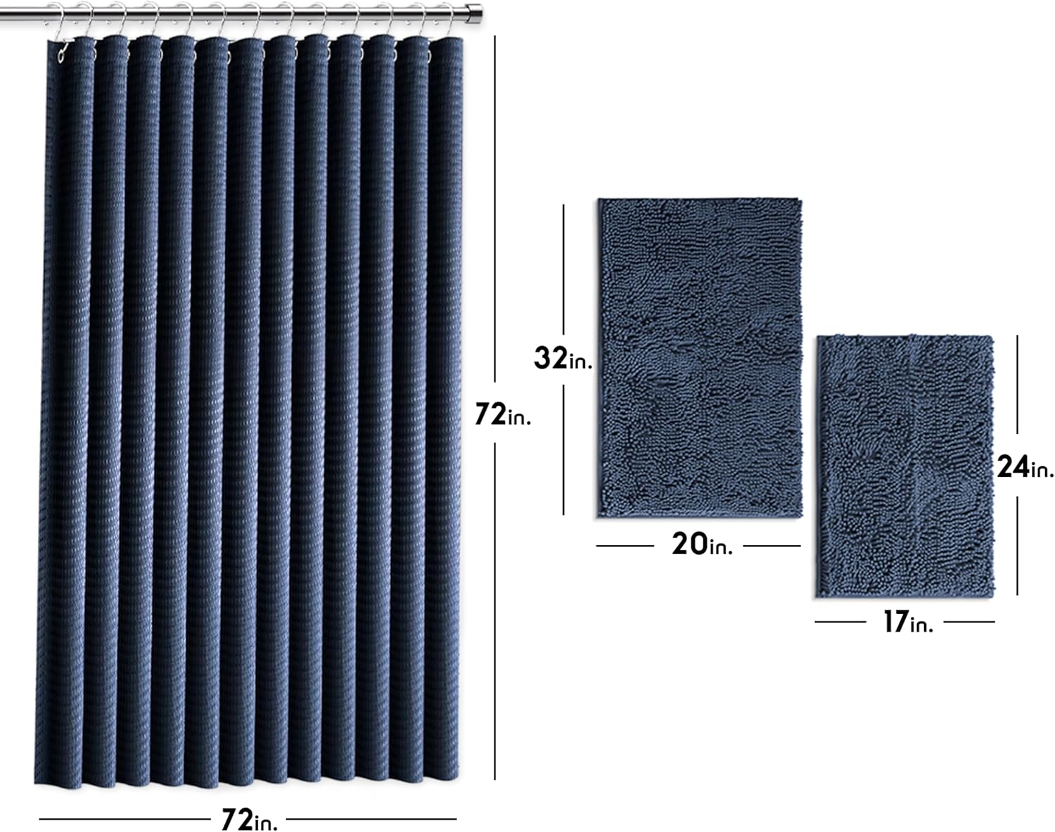 Clara Clark Navy Blue Shower Curtain Set with Rugs - Bathroom Sets with Shower Curtain and Rugs, Fabric Shower Curtains and 2 Bath Mats, Modern Bathroom Shower and Curtain Sets for Tub Or Stall