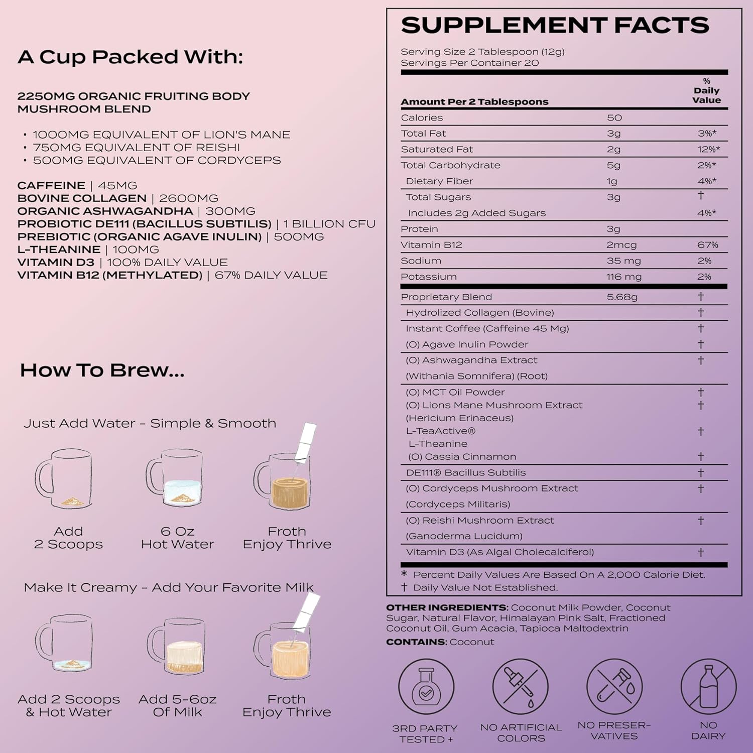 Atlas+ Latte Superblend– Premium Mushroom Coffee with Collagen, Probiotics, D3 & B12, Lion’s Mane, Reishi, Cordyceps, Coconut– for Energy, Focus, Immunity & Gut Health– 20 Servings (1 Bag) - Image 5