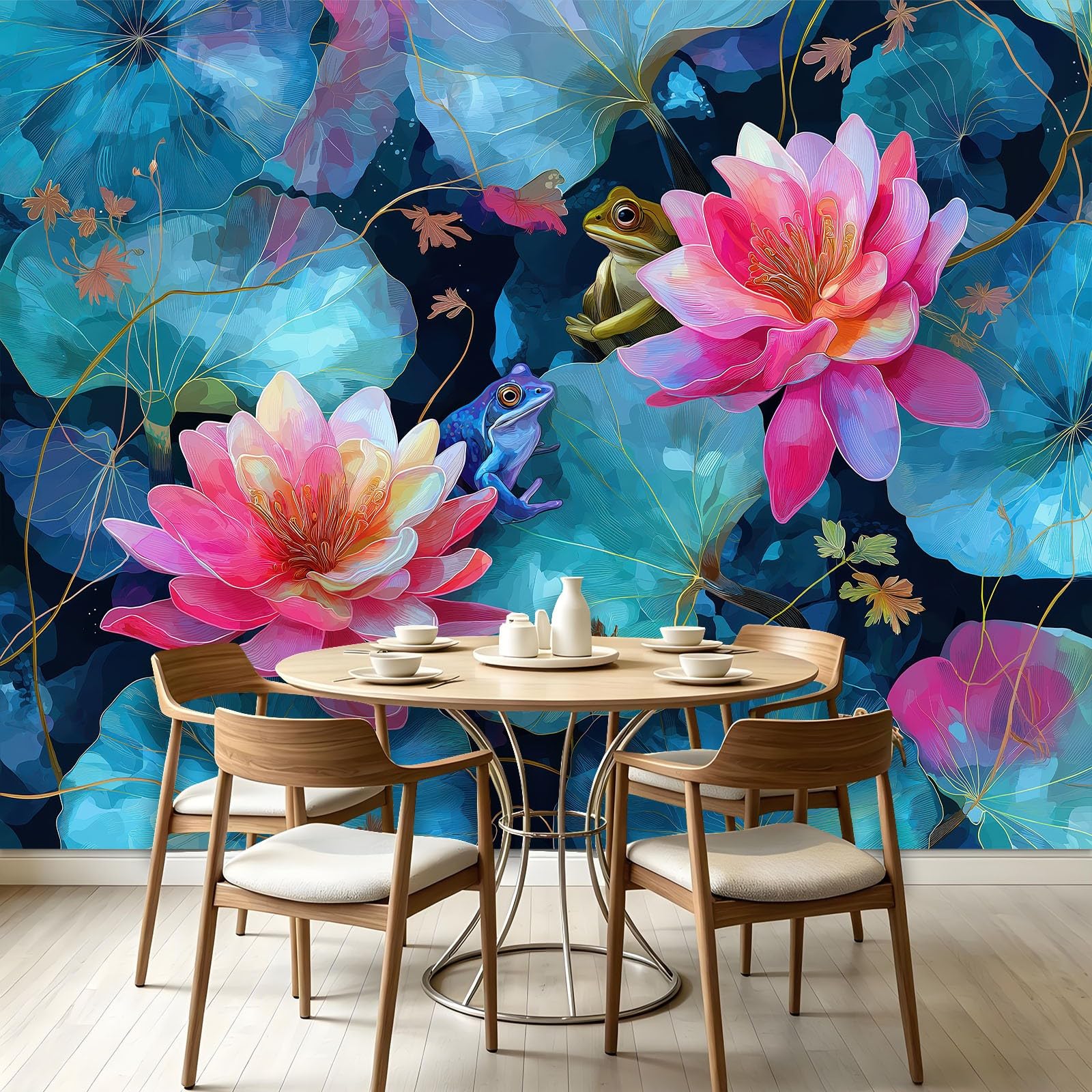 Fototapeta z efektem 3D, zwierzęta, żaby, akwarela – 250 x 175 cm, tapeta z włókniny, kwiatowe, lilie wodne, liście lotosu, tapeta ścienna, matowa i wodoszczelna, do salonu i sypialni, nowoczesna
