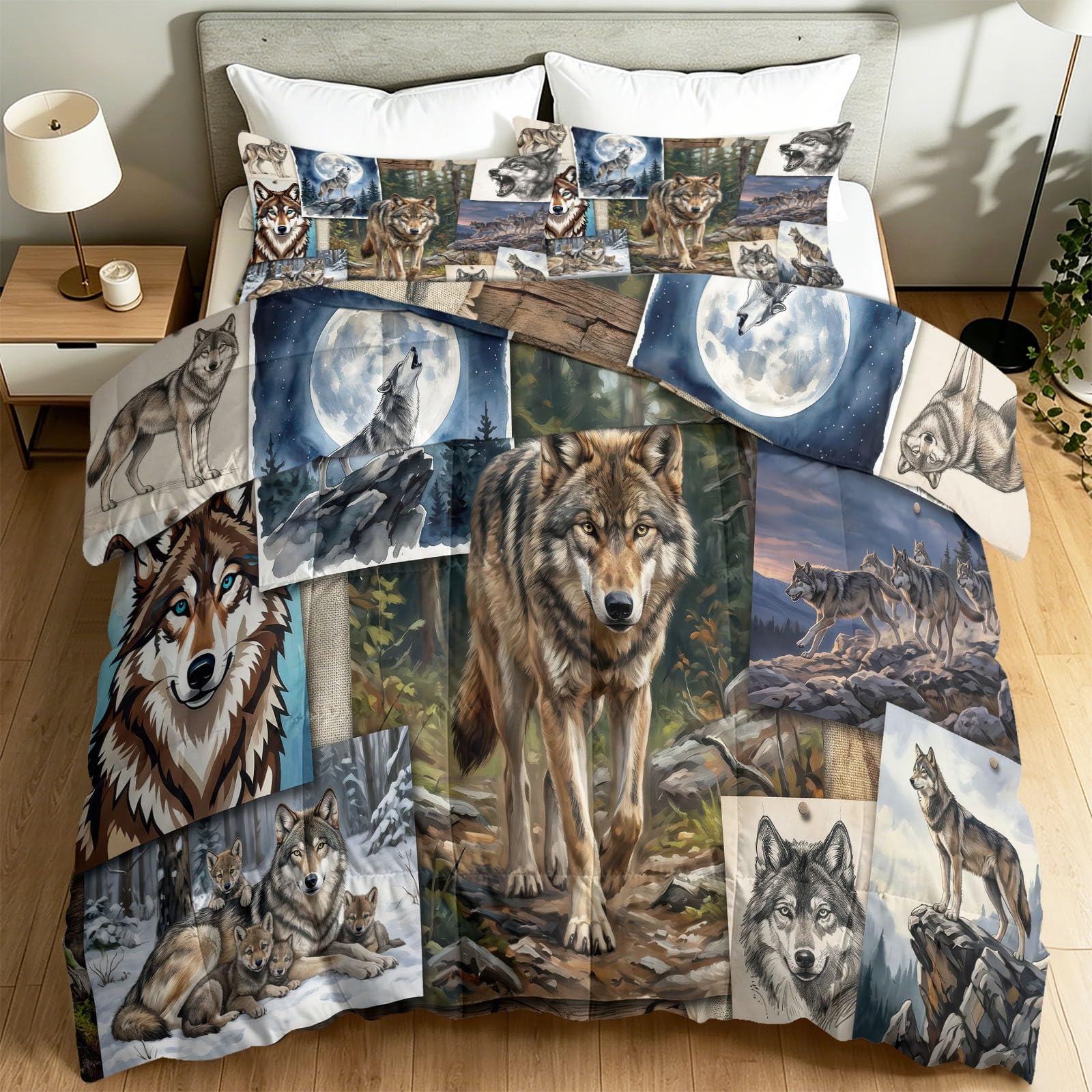 Couette légère été loup 135x200 cm avec 2 taies d'oreiller pour lit 1 personne multicolore
