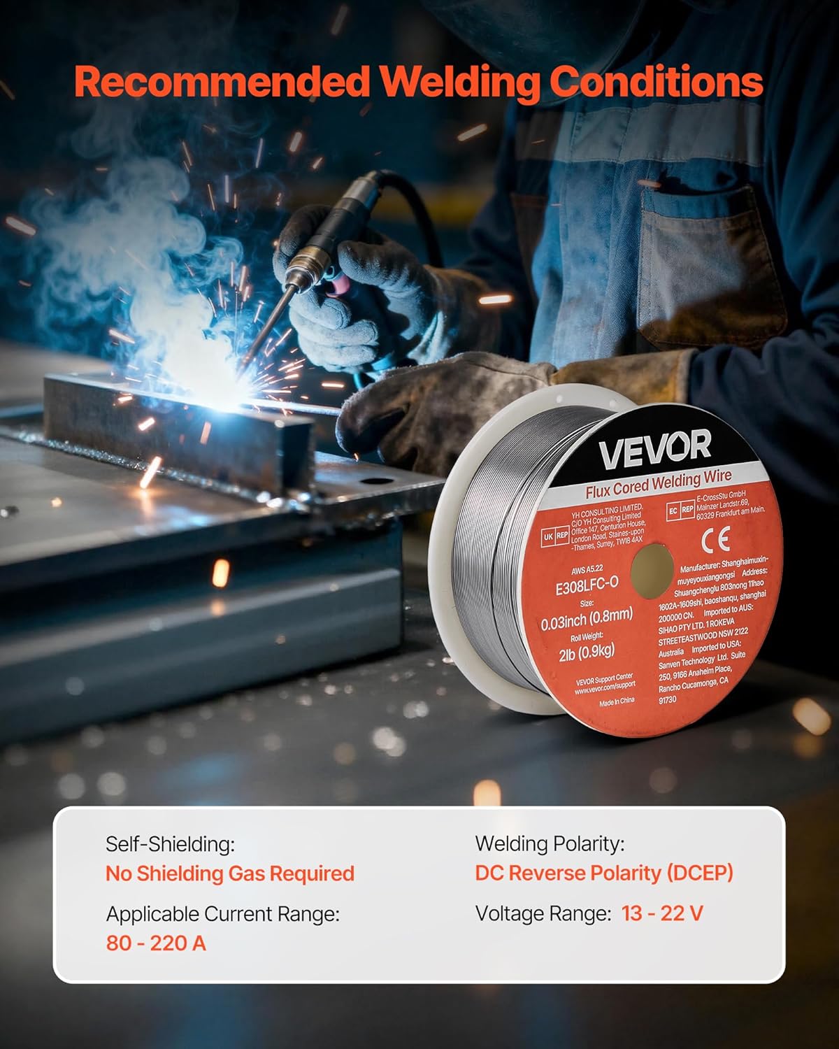 VEVOR Flux Core MIG Welding Wire, E308LFC-O 0.03-inch 2 LBS, Gasless Stainless Steel Welding Wire with Low Spatter for All Position Arc Welding, Self-Shielded for Outdoor Use