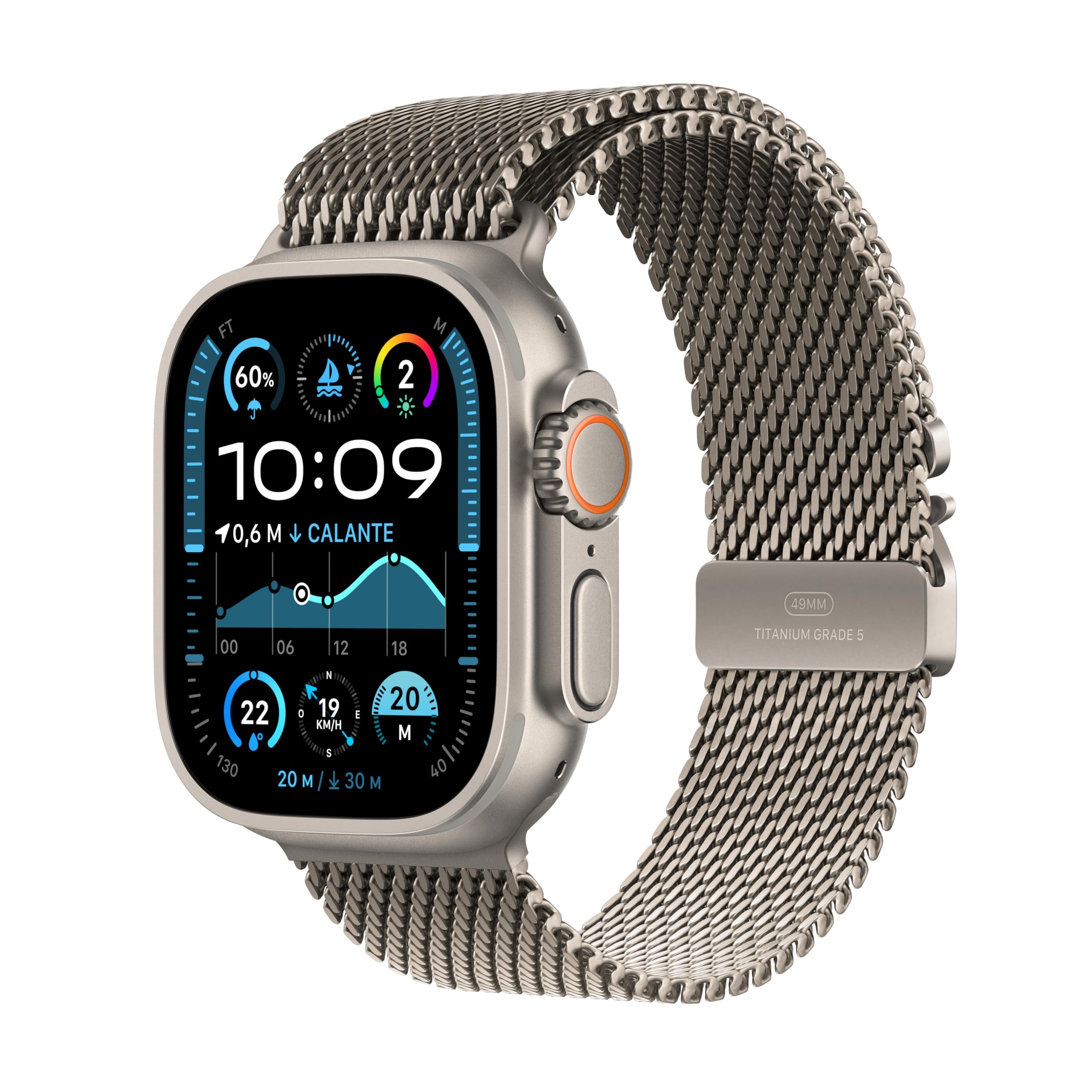 Apple Watch Ultra 2 GPS + Cellular 49 mm Sportwatch con robusta cassa in titanio Naturale e Loop in maglia milanese Naturale - Medium. Fitness tracker, GPS di precisione, luminoso display Retina
