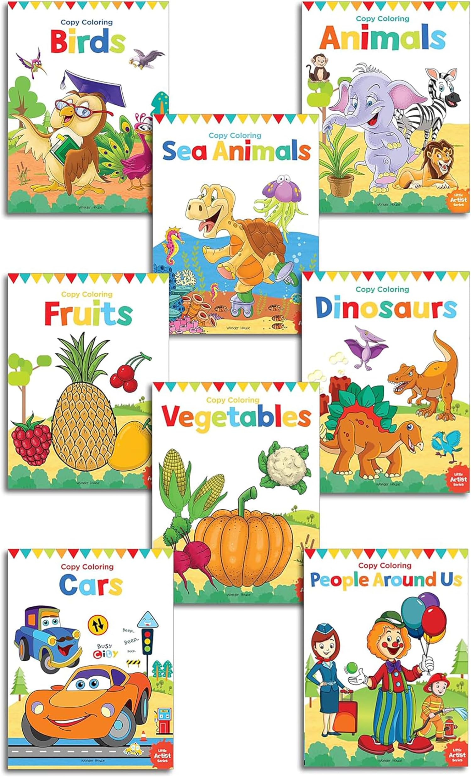 Little Artist Copy Colouring Books: Set of 8 (Birds, Sea Animals, Fruits, Animals, Vegetables, Dinosaurs, Cars and People Around Us)