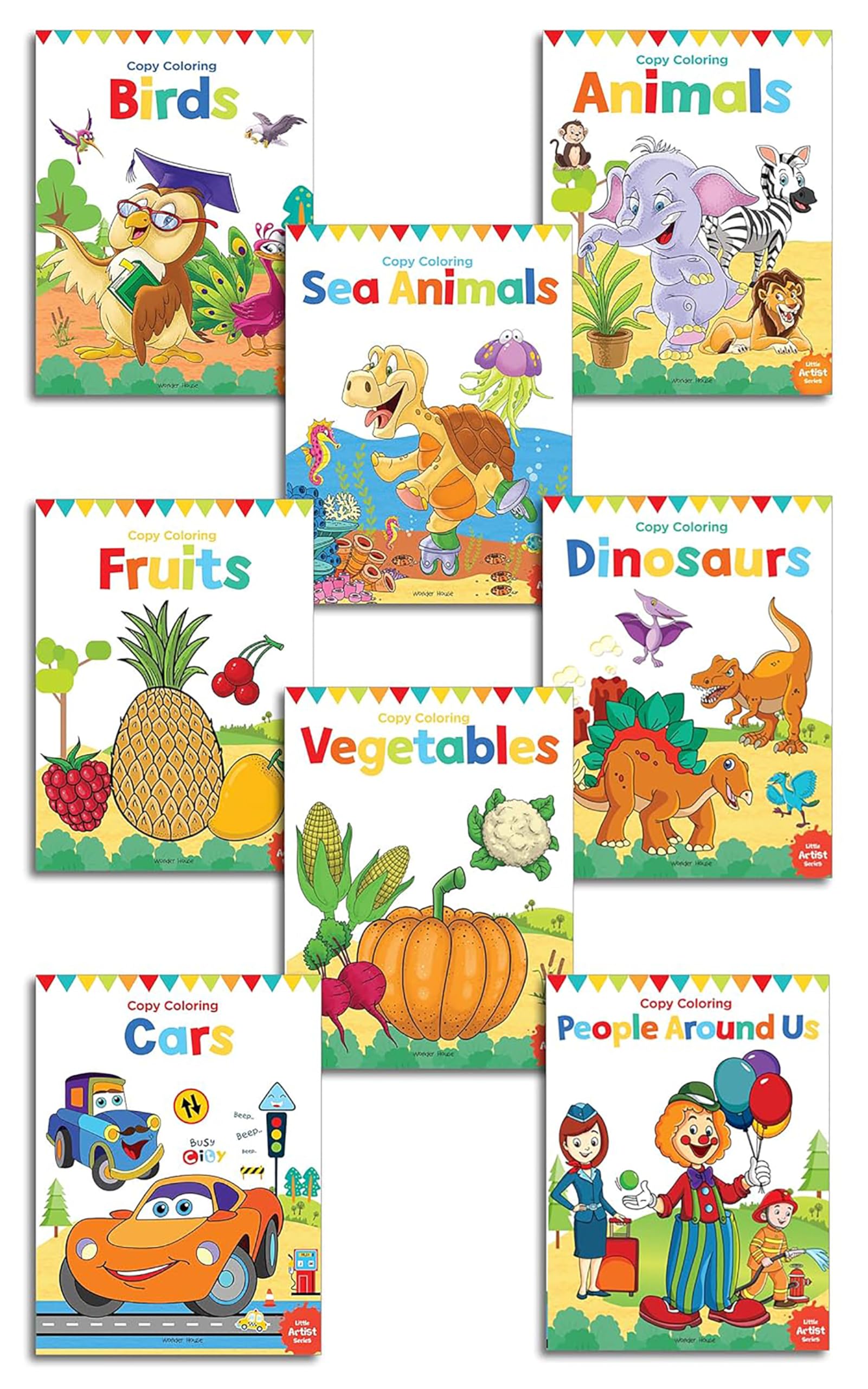 Little Artist Copy Colouring Books: Set of 8 (Birds, Sea Animals, Fruits, Animals, Vegetables, Dinosaurs, Cars and People Around Us)