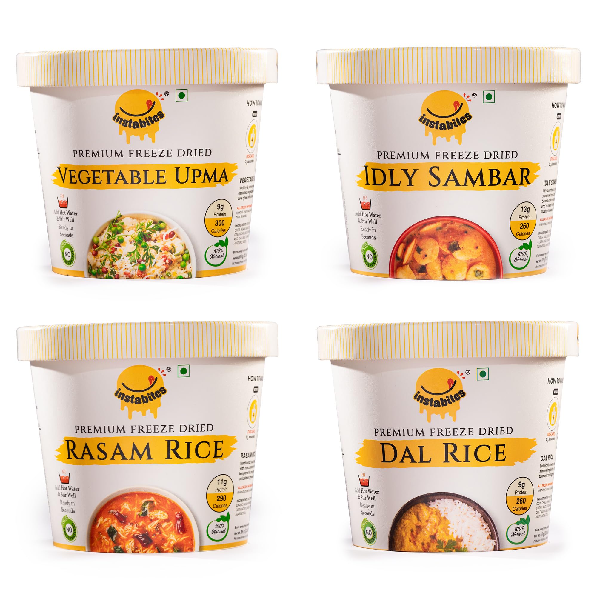 Instabites Ready To Eat Combo of Veg upma, Idli Sambar, Rasam Rice, Dal Rice No Added Preservatives and Ready to Eat in Minutes - Pack of 4-image-22