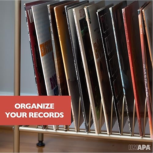 Miniatura 8 de Ilyapa Soporte para tocadiscos de 2 niveles, soporte de discos de vinilo de metal dorado con estantes, mesa de reproductor de vinilo con 14 ranuras