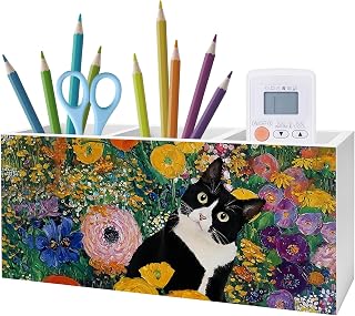 Floral Tuxedo Cat Pen Pencil Holder, Cat Mom Lover Gifts, Vibrant Wildflower Meadow Black and White Kitty Pencil Pen Holder Organizer for Home Office Desk Accessories