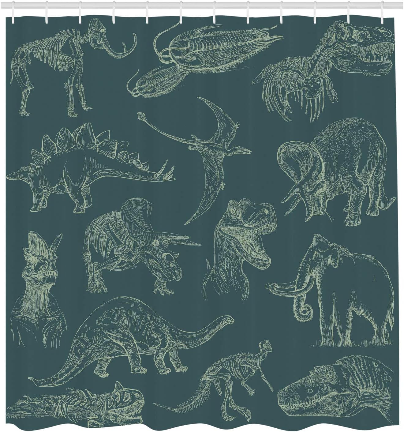 Ambesonne Jurassic Shower Curtain, Arrangement of Various Dinosaurs Illustrations Skeleton Biology Historic, Cloth Fabric Bathroom Decor Set with Hooks, 69" W x 70" L, Teal Dark