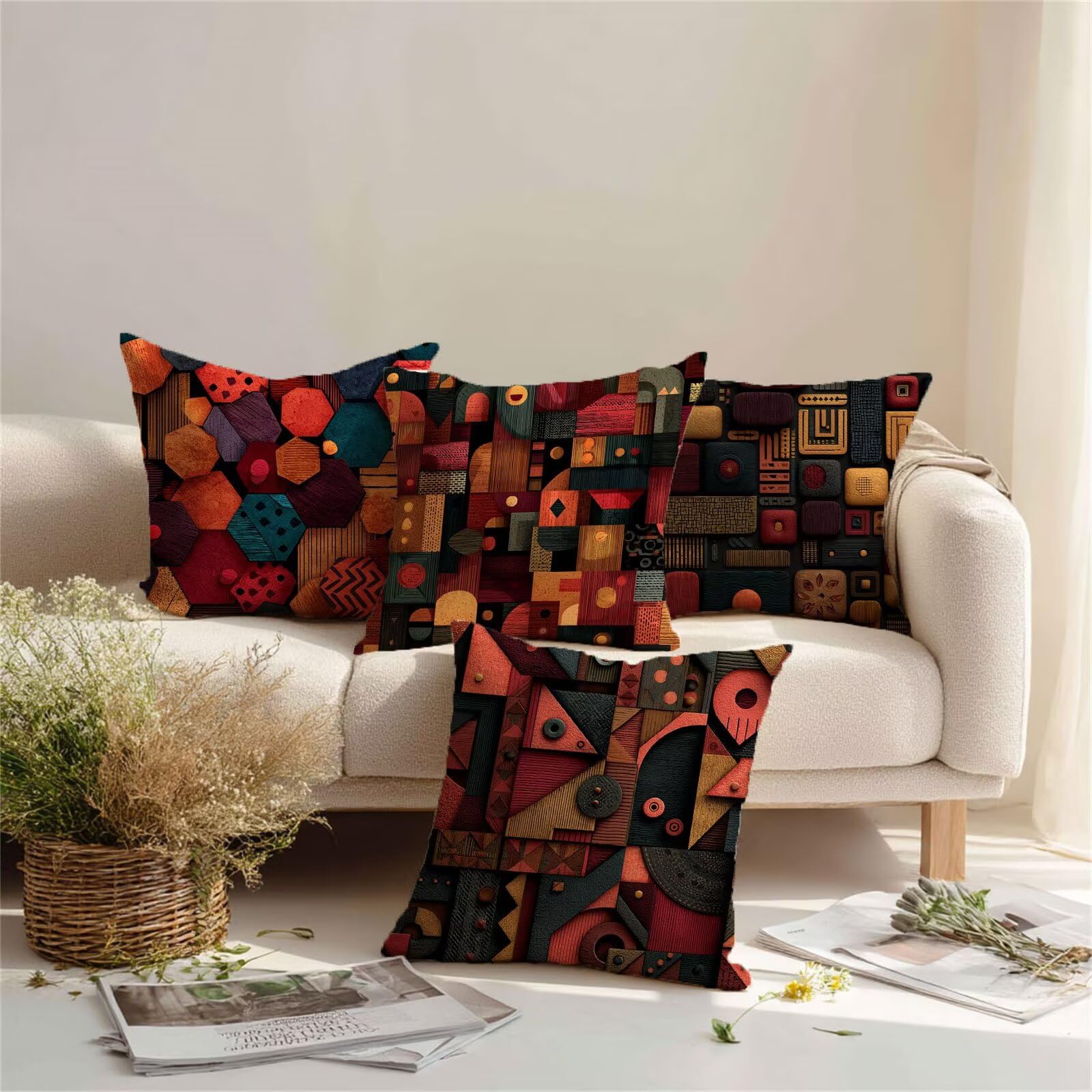 Cuscini per Divano Rosso Cuscini da Esterno 80x80 cm Set di 4 Impermeabili Velluto Copricuscini Divano con Cerniera Invisibile Cuscino Quadrato, Cortile Giardino Balcone Decorativi Astratto m-247