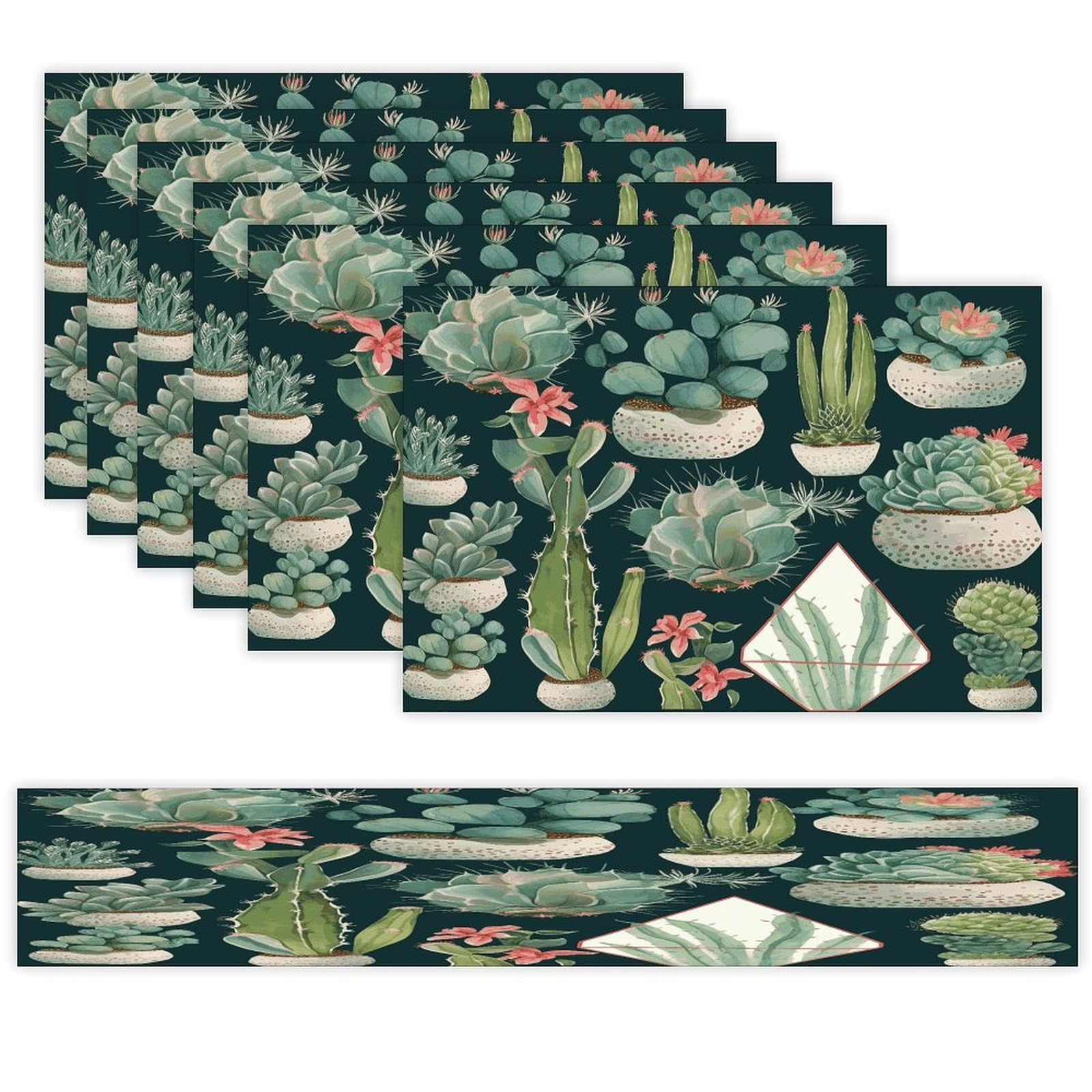 Succulent Plants and Cactus Table Runner and Placemats of 6 Washable Heat Resistant Place Mats with Table Runner Vintage Holiday Table Mat Set for Holiday Party Kitchen Dining Deco