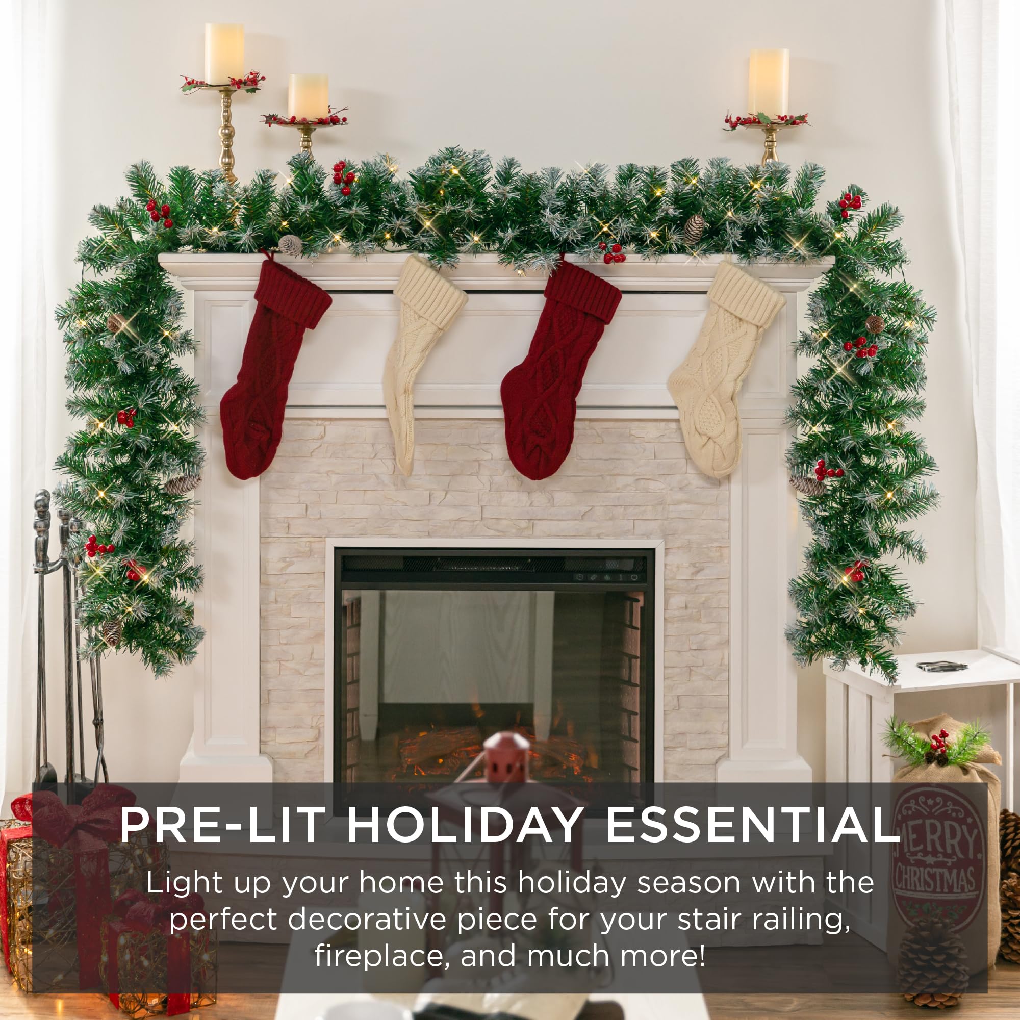 Boa Plumas Guirnalda Navideña Con Luces LED - 9 Pies, Color Oro, Para  Escaleras, Chimenea O Puerta Luces Decoradas Flores, image size:2000x2000