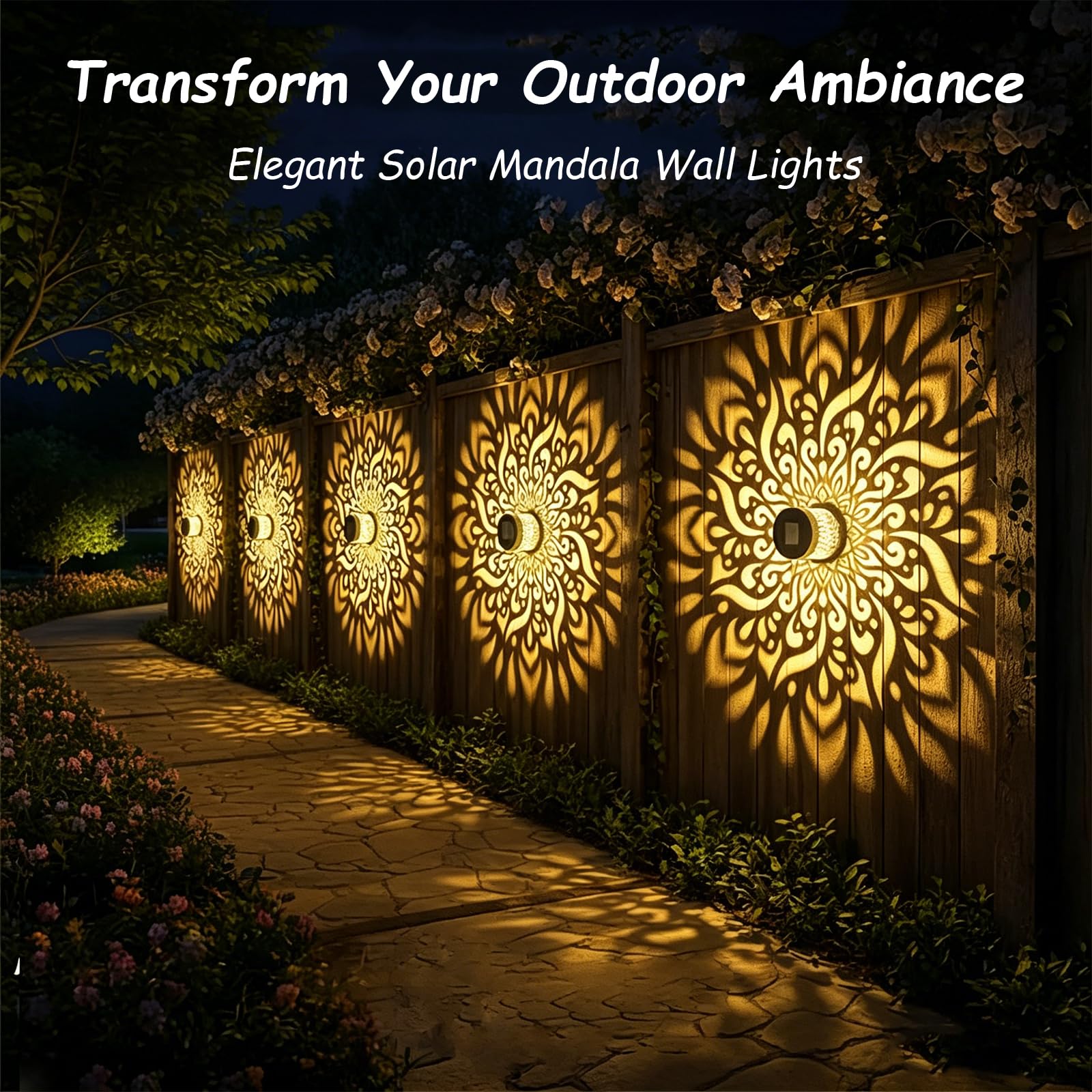Solar Mandala Gartenleuchte Kabellos,Projektionslampe Mit Farbwechsel | Wasserdichte,Durchbrochene Eisenleuchte,Dekorative Beleuchtung FüR Gartenwege,Wandmontage,Stimmungsvolles Abendlicht