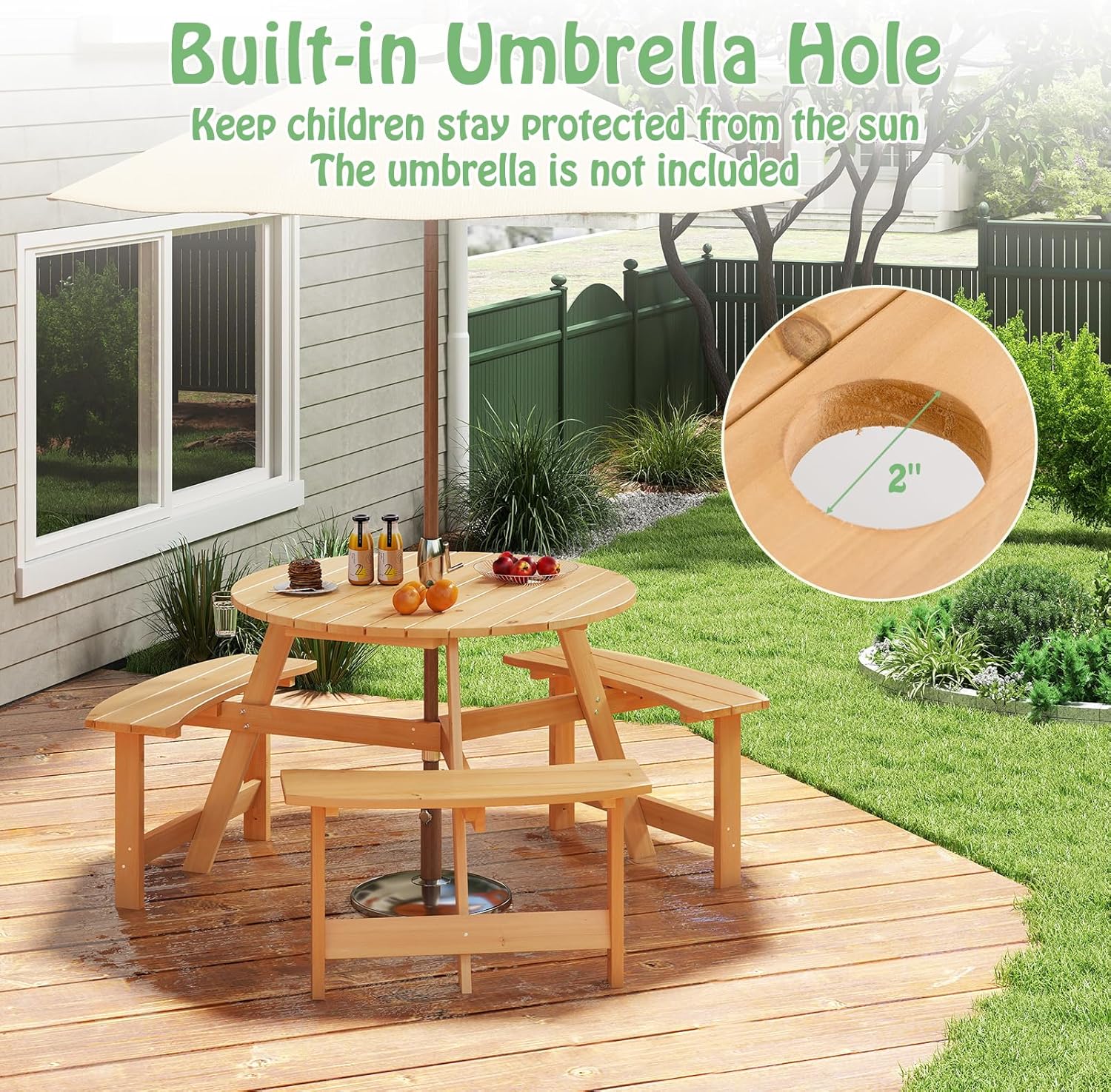 KOTEK 6-Person Kids Picnic Table, Fir Wood Circular Toddler Bench Table with 3 Built-in Seats & Umbrella Hole, Children Outdoor Furniture, Kids Table and Bench Set for Patio, Garden, Backyard