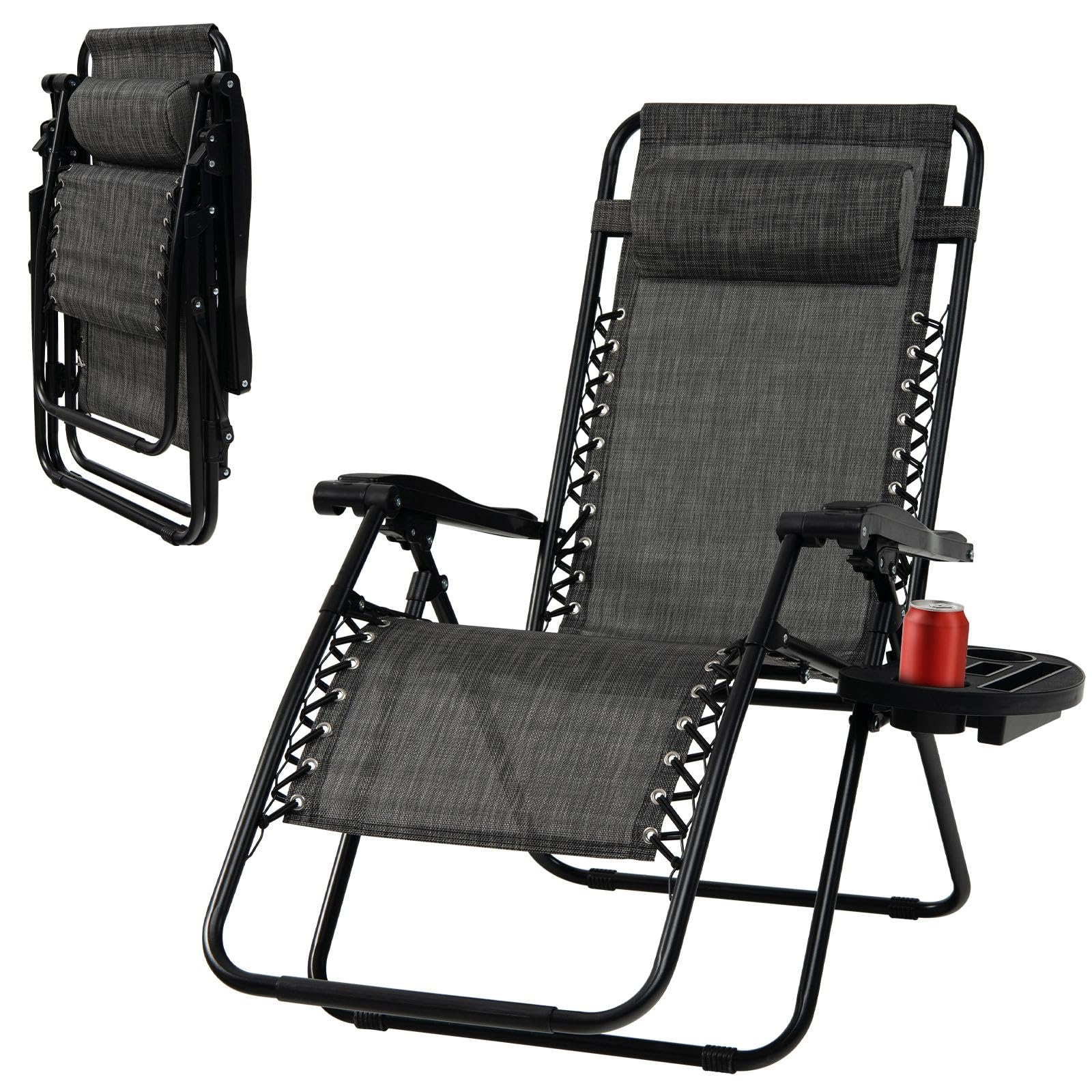Multigot 1/2PCS Folding Reclining Lounge Chair, Adjustable Zero Gravity Chair with Removable Headrest and Cup Holder, Portable Outdoor Sun Lounger for Garden Beach Patio (1, Grey)