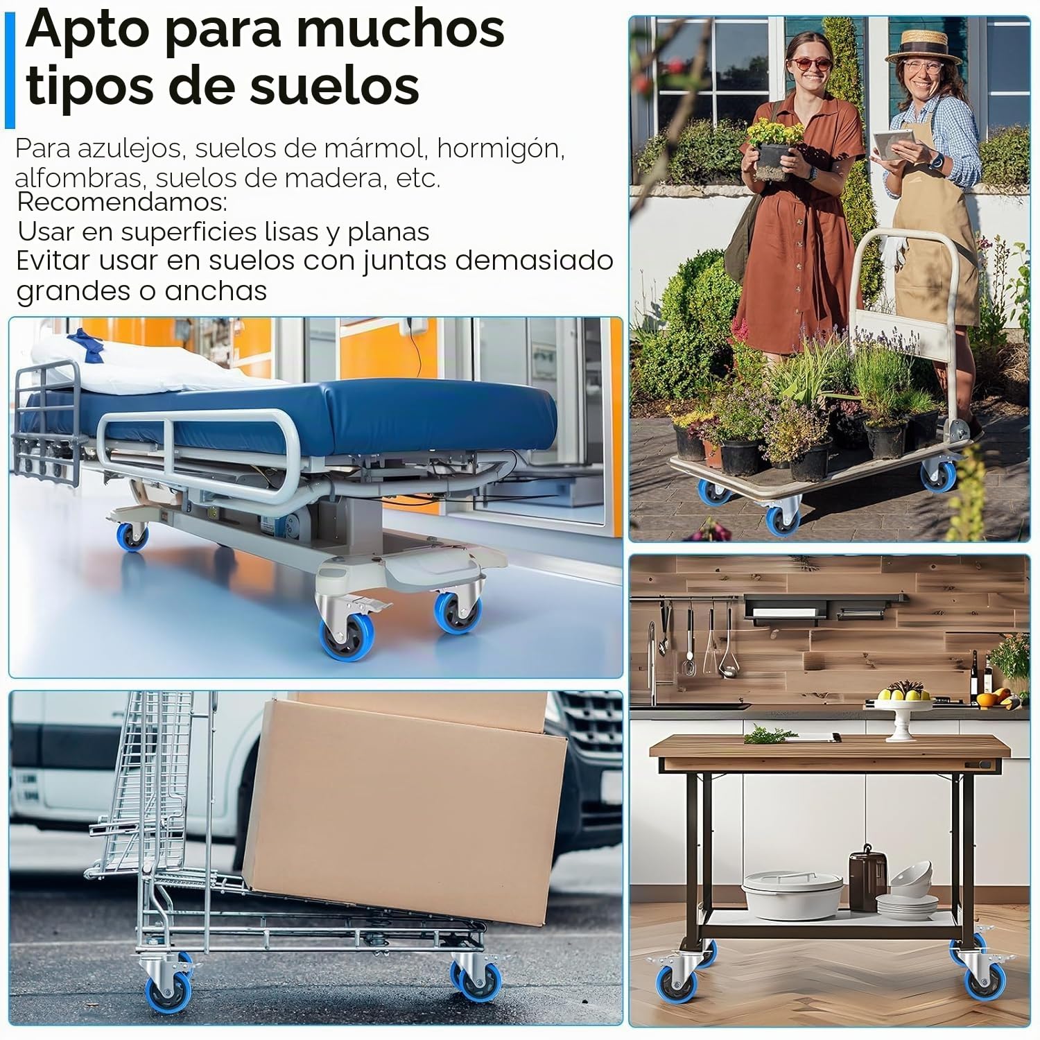 Set de 8 Ruedas Giratorias con Freno – Ruedas para Cargas Pesadas, Capacidad 1200 kg, Silenciosas y Sin Rayar, Ideales para Muebles, Mesas de Trabajo y Talleres (Azul, 100 mm)