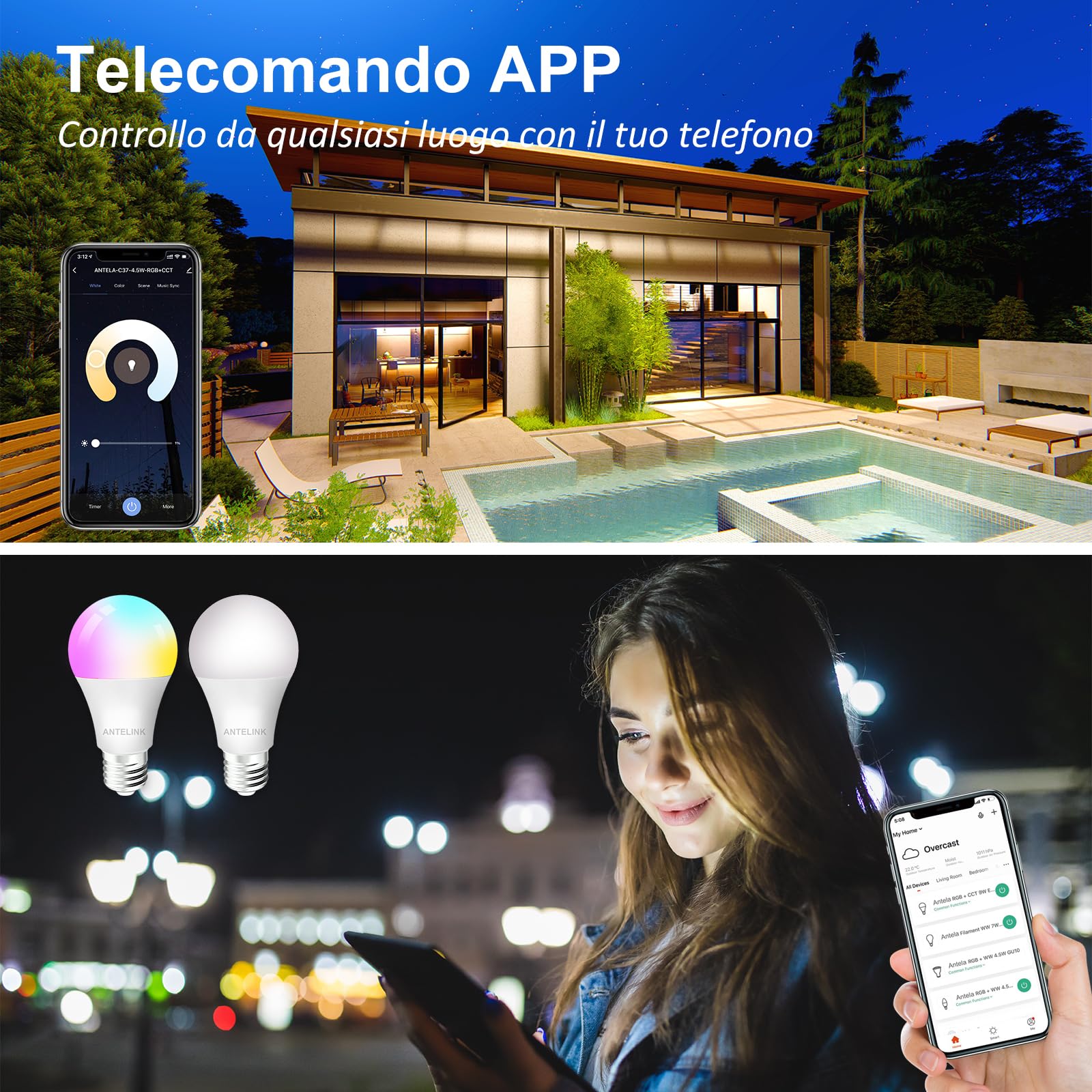 Antelink Lampadina Wifi Smart LED Dimmerabile RGB 9W 806lm Compatibile con Alexa Google Home, Bianco Freddo Caldo 2700K~6500K Tuya APP, 4 Pz