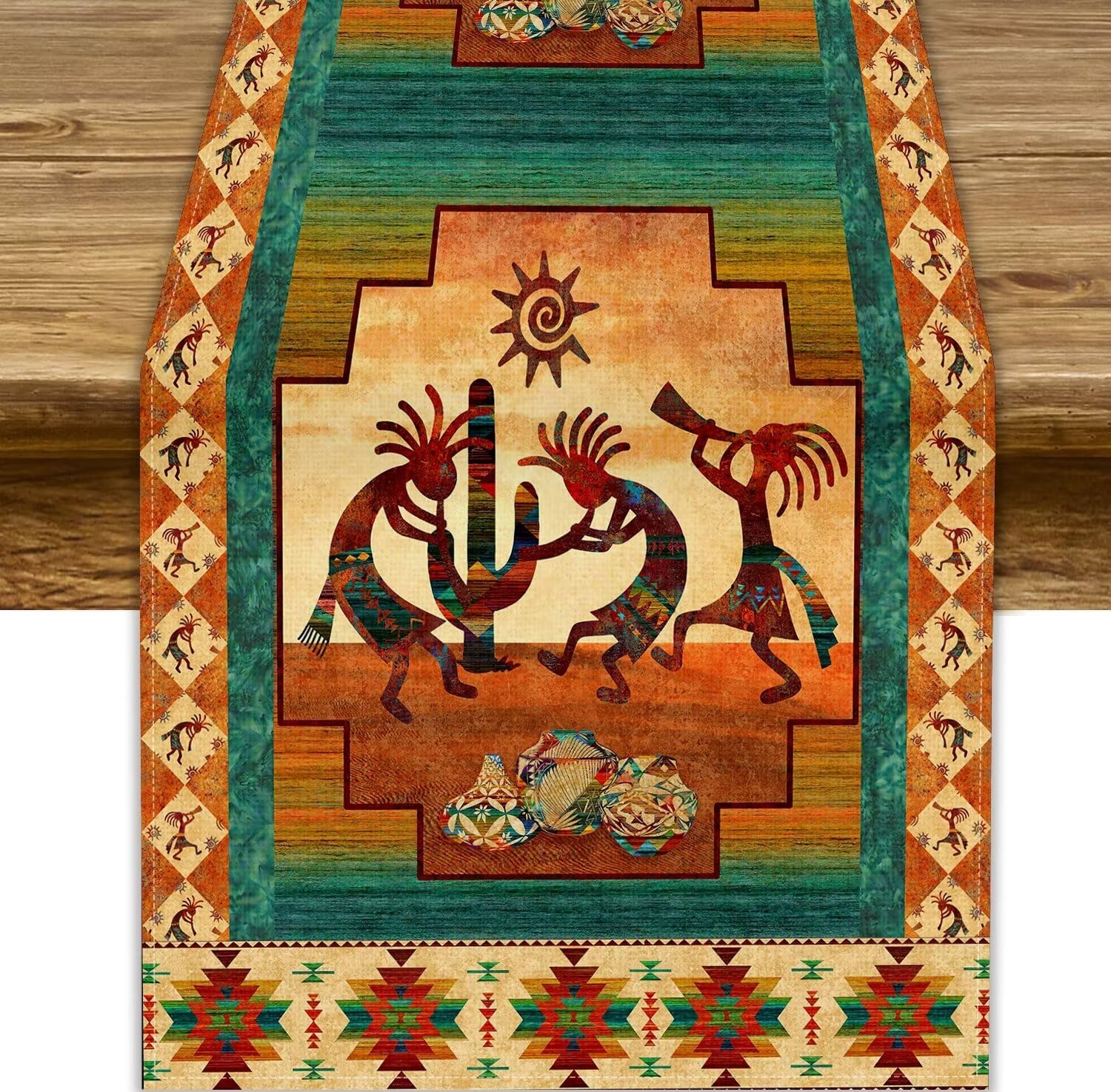 African Kokopelli Table Runner, Southwestern Native American Aztec Ethnic Print Table Runner for Home Kitchen Dining Room Table Indoor Outdoor Party, 13x36inch