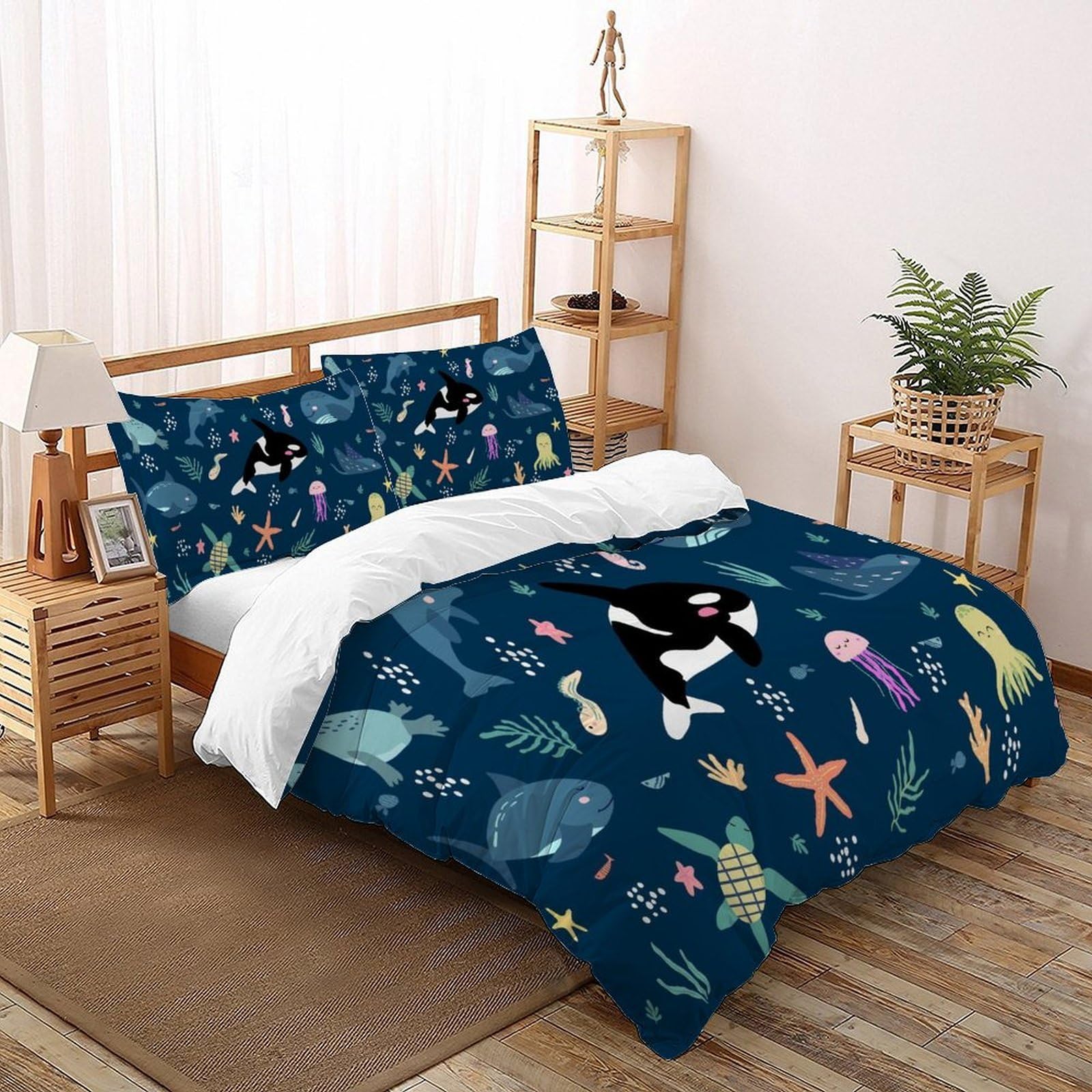 Housse de couette 200x200 baleine et poisson motif 3D en microfibre pour grand lit
