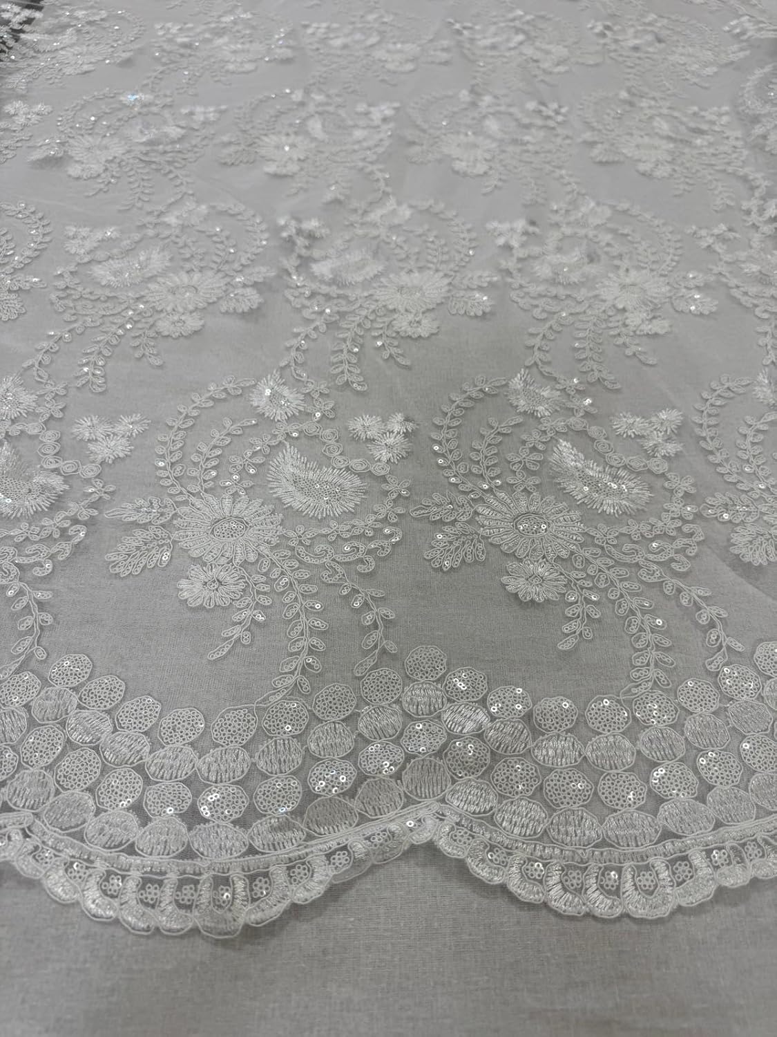 Sedona Designz 48"/50" Wide Corded Floral Lace Fabric with Sequins – Mesh Embroidered Prom & Bridal Fabric with Scalloped Edges, Elegant for Gowns, Décor & Crafts