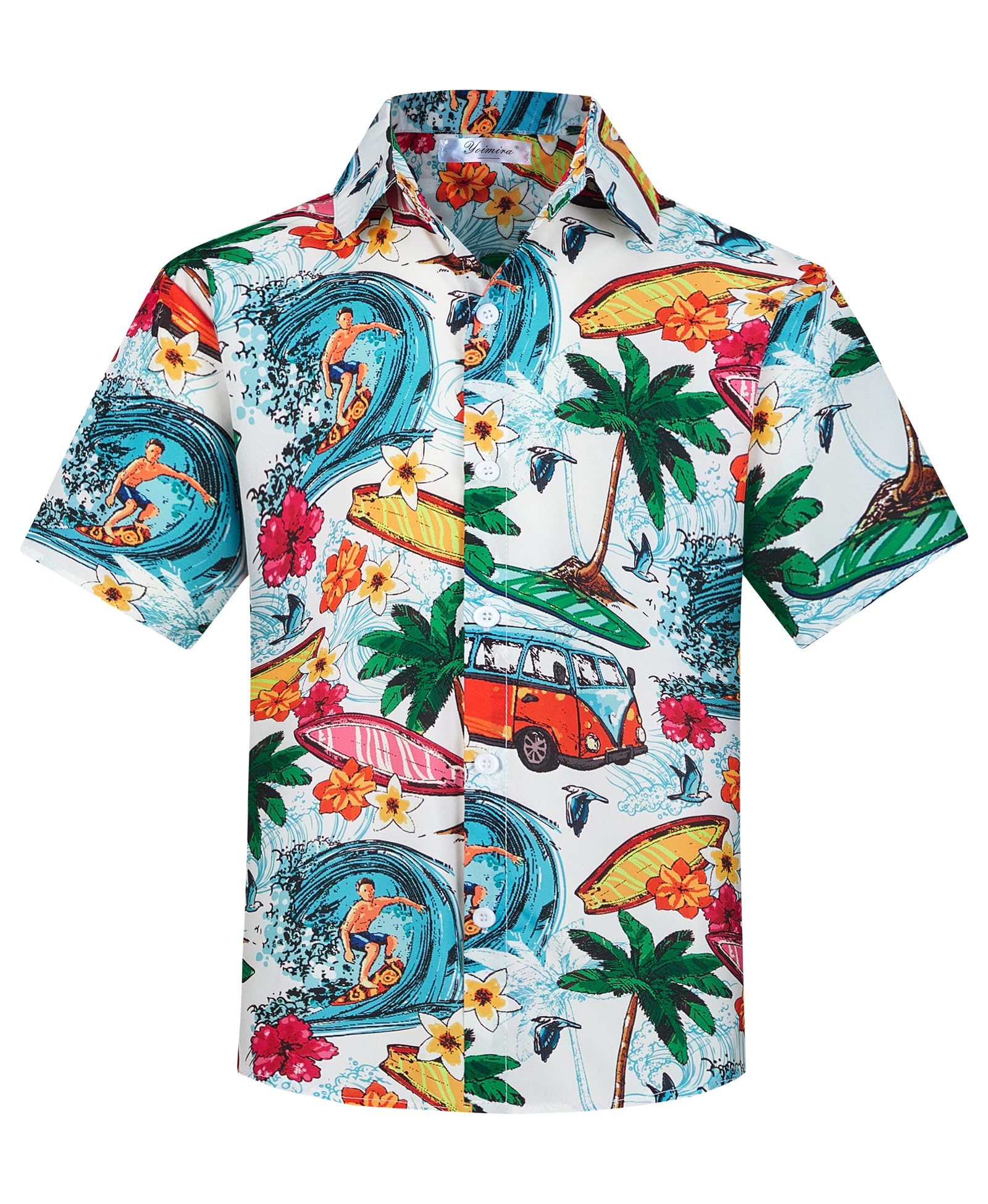 Yoimira Hawaiian Shirts for Boys, Button Down Short Sleeve Tropical Print, Kids Summer Beachwear Tops 7-14 Years