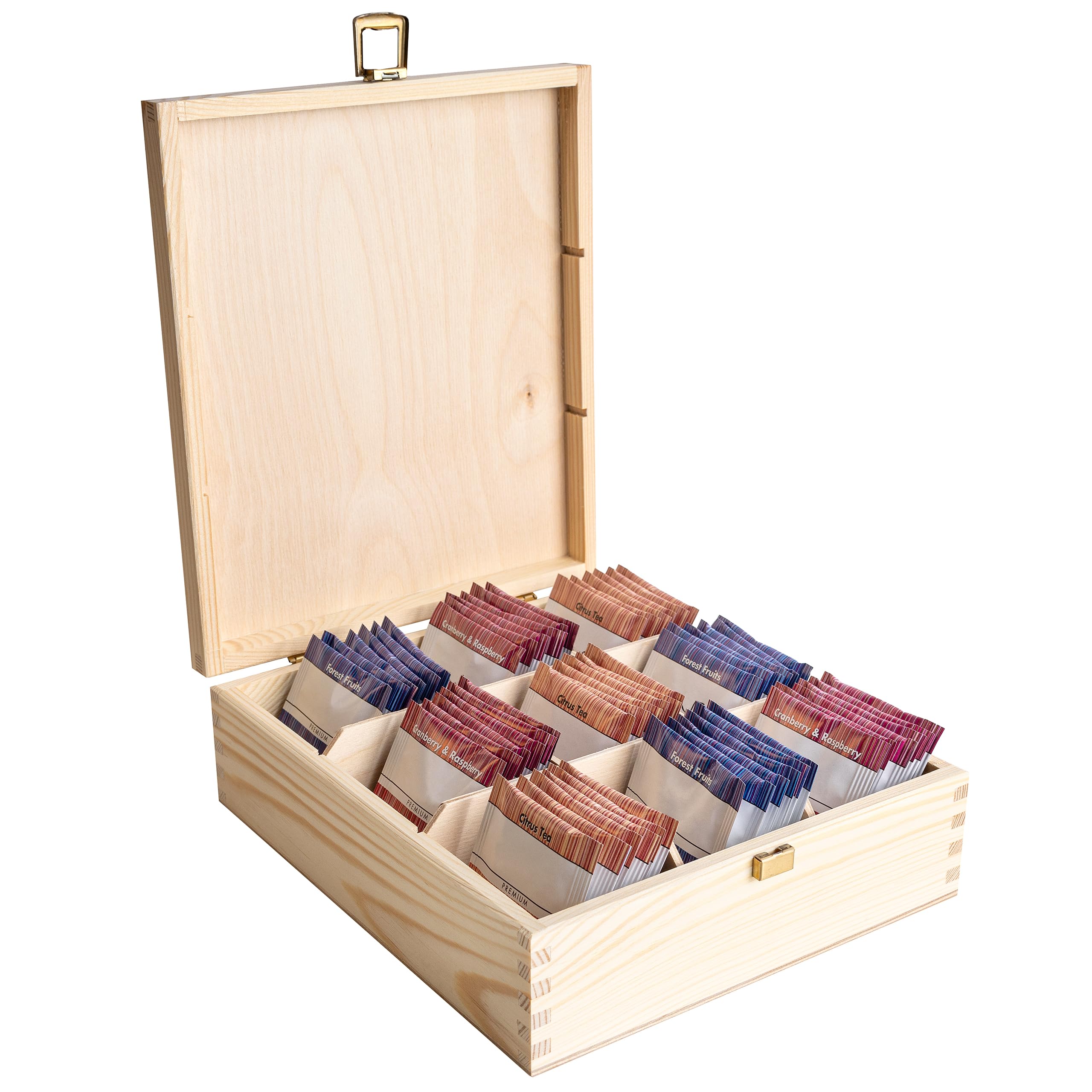 Creative Deco Unpainted Wooden Tea Box Storage Lid | 9 Compartments | 23.5x20.5x7.5cm | Natural Wood | Luxury Compartment Organiser Keepsake Caddy Chest Easter | Chocolate Coffee | Gift Box