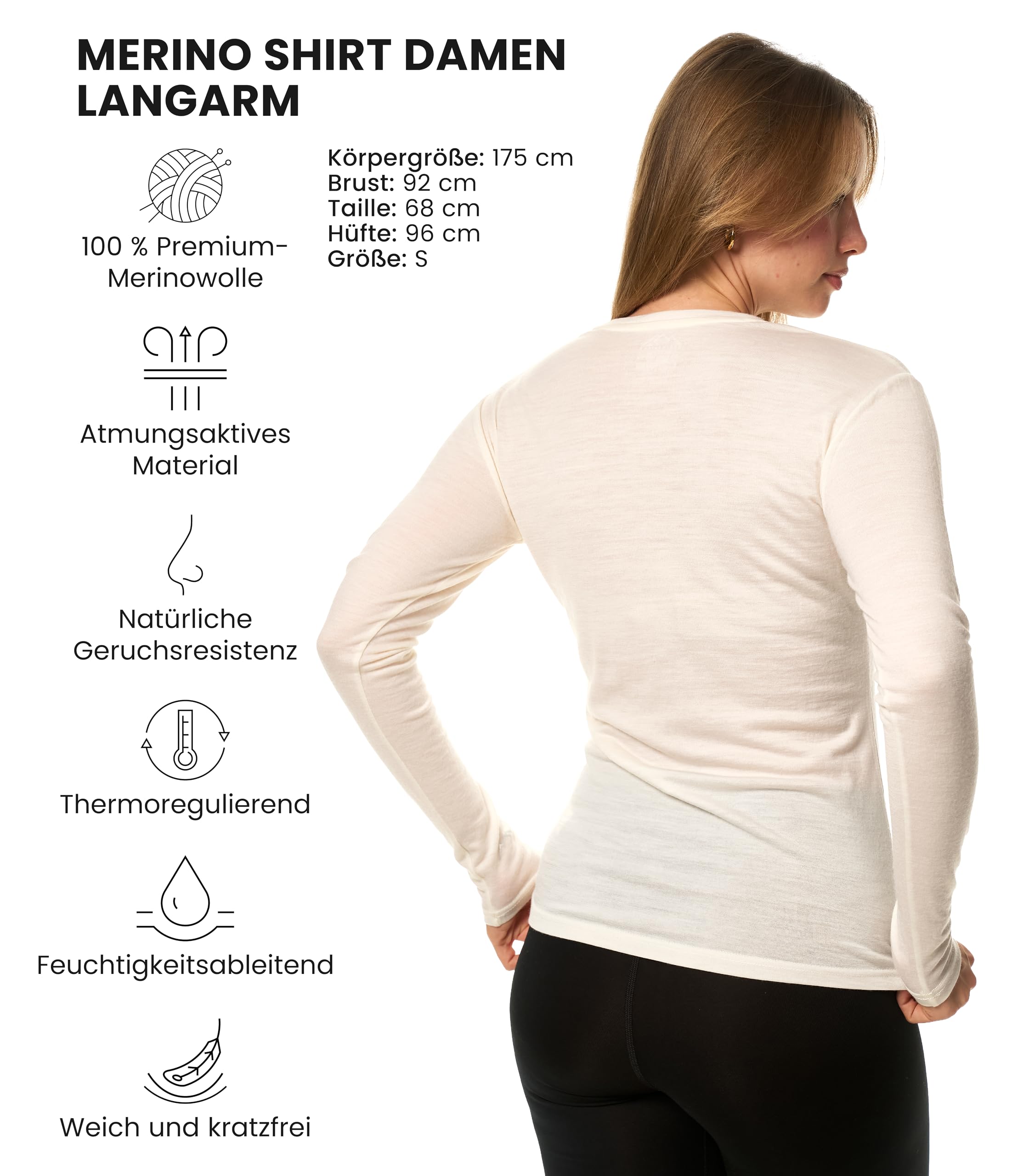 Merino.tech 100% Merino Langarmshirt Damen - Merino Unterwäsche Damen (X-Large, Cream)