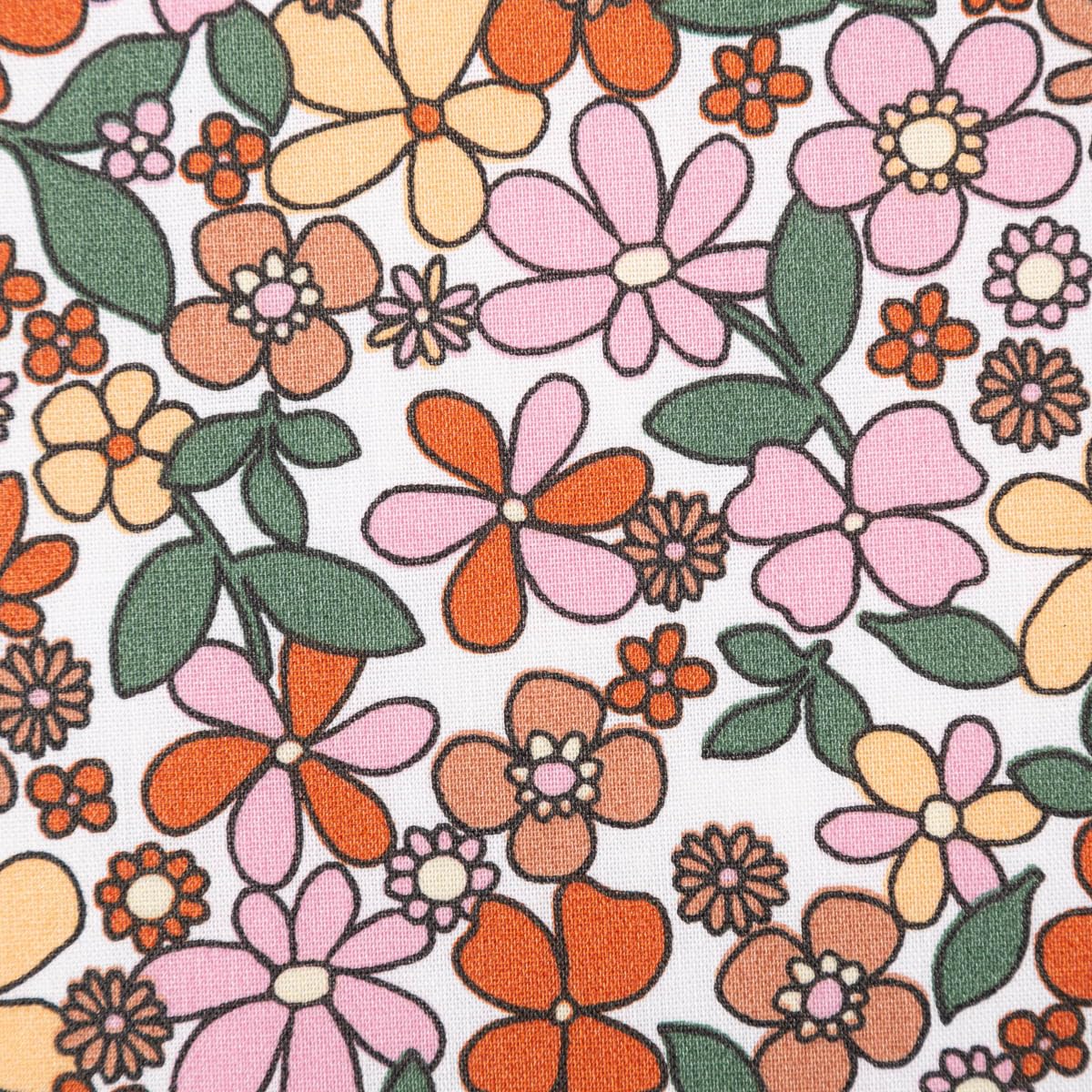Tablecloth Fabric, Washable, Cotton Fabric, Coated, Enduit, Josette, Flowers, White, Orange, 1.45 m Width, Sold by the Metre (145 cm Width)