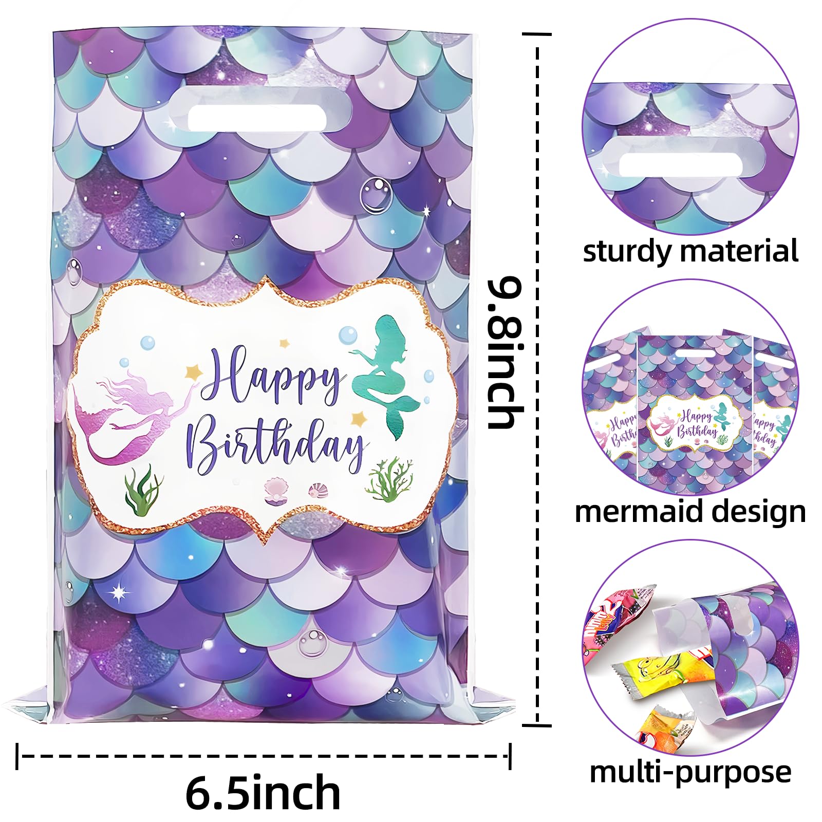 DaiUni 30 PCS Mermaid Birthday Goodie Bags Party Favor Bags Treat Bag with Handles for Kids Girls Mermaid Birthday